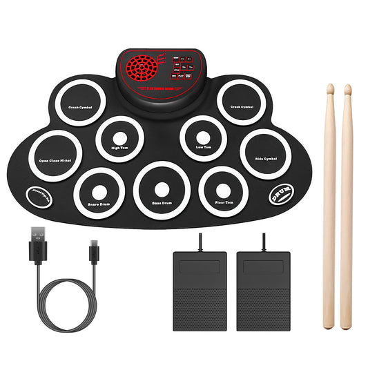 10 Pads Electric Drum Set Foldable 10-Drum SiliconÊDrum Kit Foldable Electronic Drum Pad Machine with Drum Sticks Headphone Jack Speaker Battery Dual-