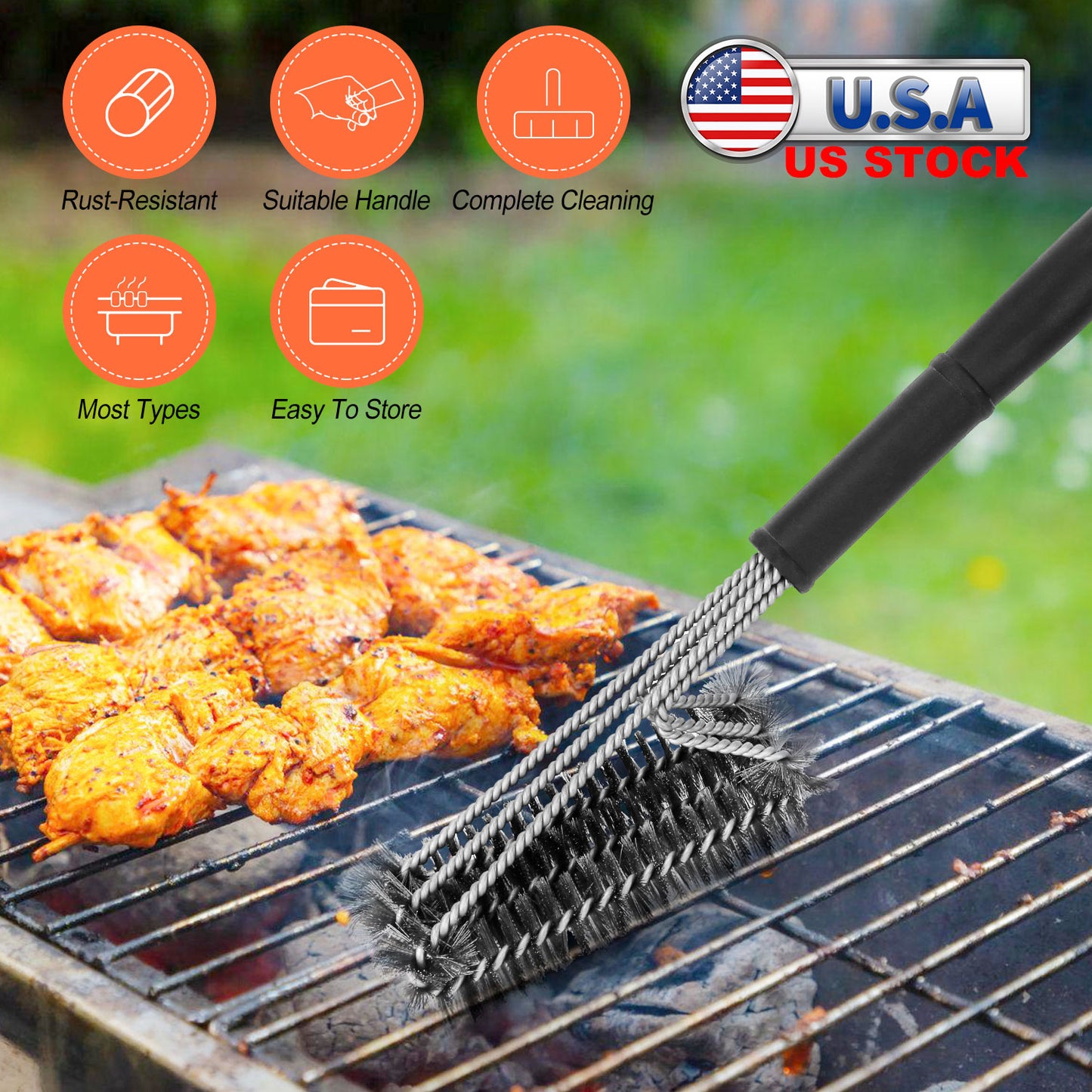 BBQ Grill Cleaning Brush Stainless Steel Barbecue Cleaner w/ 18in Suitable Handle Stiff Wire Bristles for Grill Cooking Grates