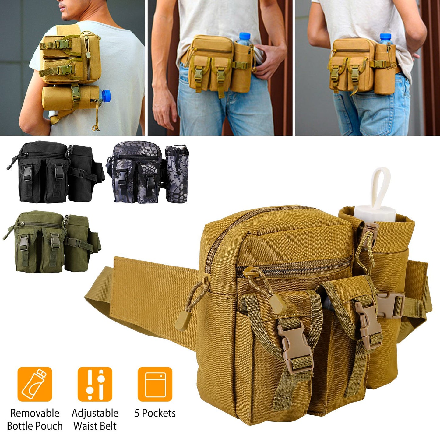Tactical Waist Bag Utility Pouch Military Hiking Belt Bag w/ Water Bottle Pouch For Fishing Mountaineering Camping Hunting Running Outdoor