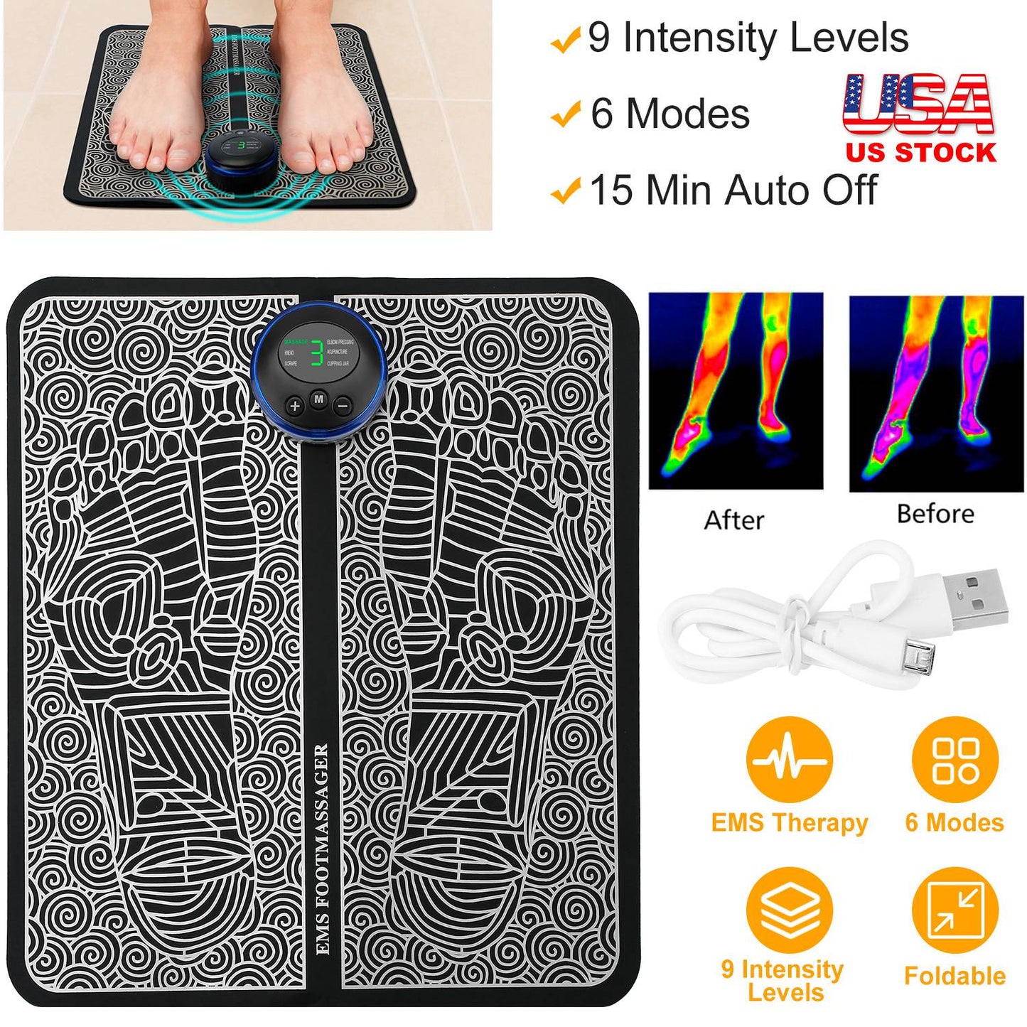 EMS Foot Massage Pad Electric Stimulator Massager Unit Rechargeable Leg Reshaping Muscle Pain Relax Massage Mat w/ 6 Modes 9 Intensity Levels