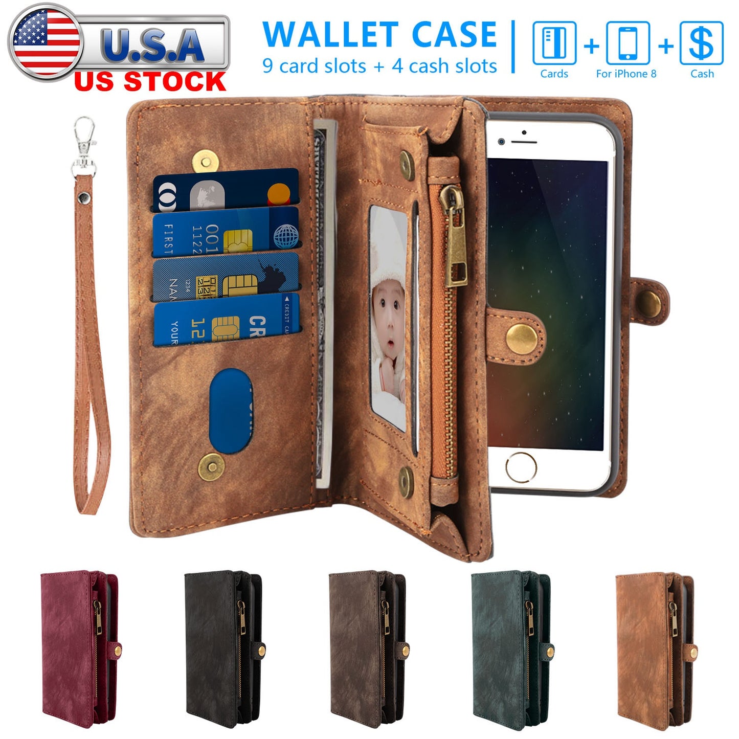 Phone Wallet Case For iPhone 8 Portable Wallet Case 2 in 1 Leather Zipper Magnetic Detachable 13 Card Slots Money Pocket Clutch Cover W/ID Widows