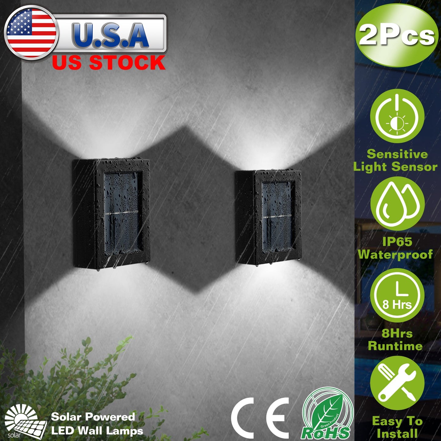 2Pcs Solar Deck Lights Outdoor 2LED Beads Waterproof Sensor Fence Stair Lamps For Patio Landscape Yard White Lighting Color