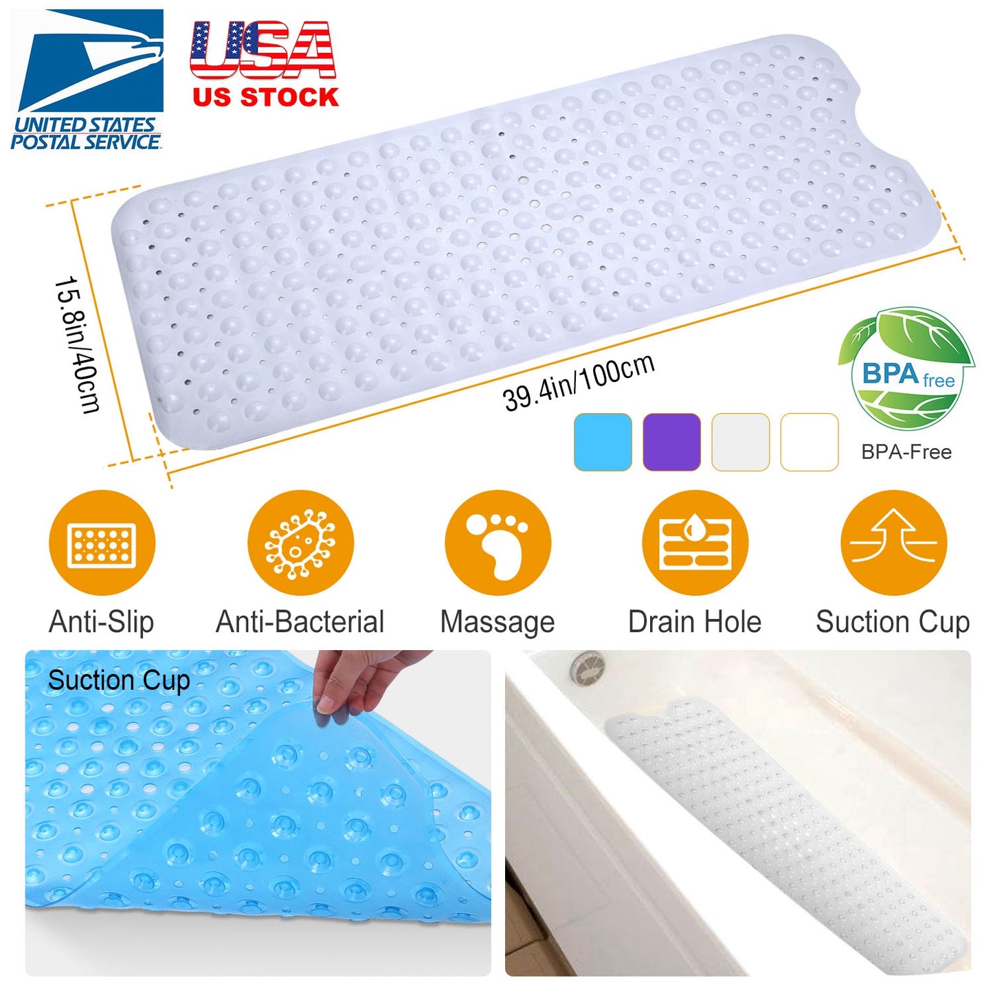 Bath Tub Mat Non-Slip Shower Mat BPA-Free Massage Anti-Bacterial with Suction Cups Washable for Bathroom Kitchen Pool
