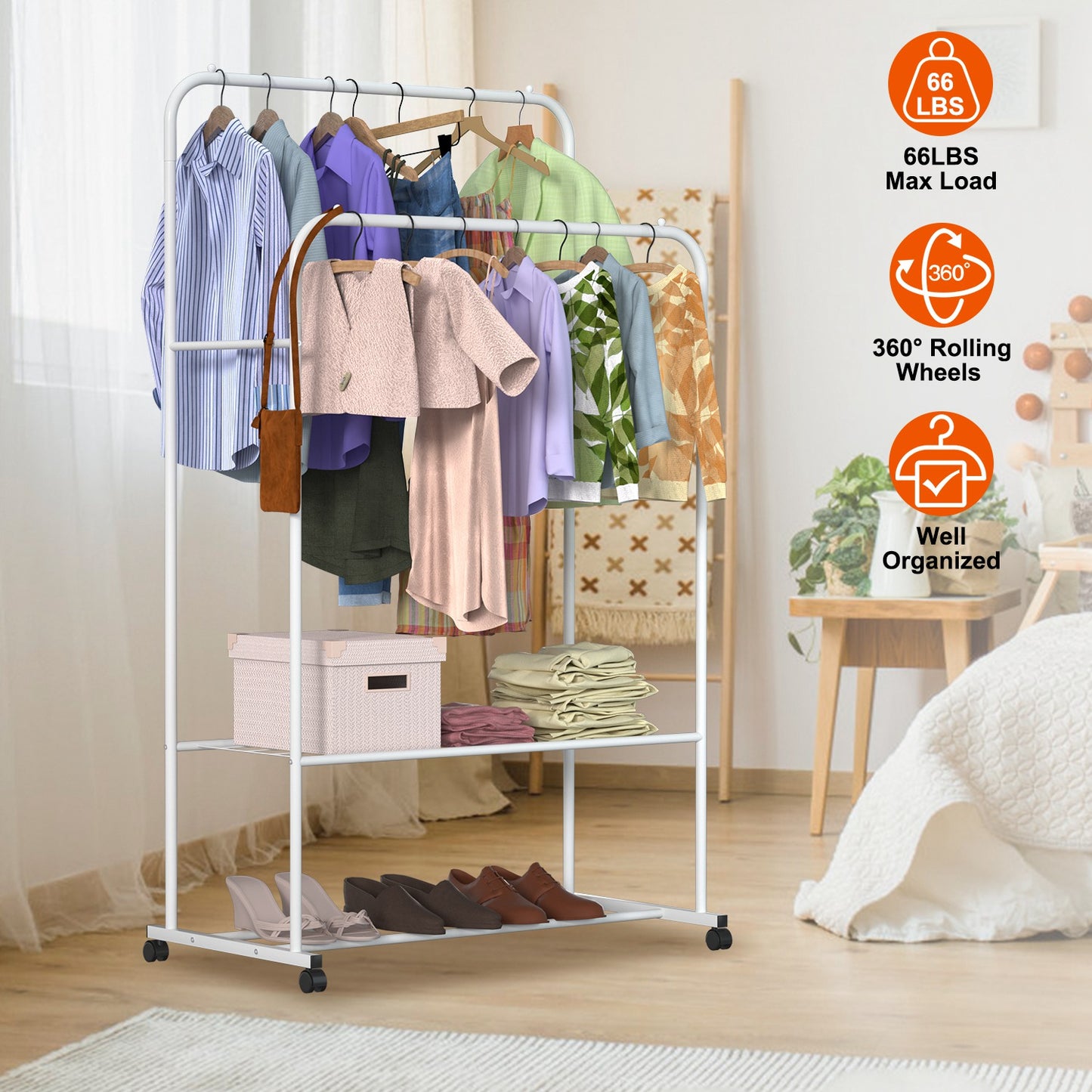 Garment Hanging Rack Clothing Hanging Rail Pillow Shoe Display Organizer Stand Rolling Wheel Clothes Organizer