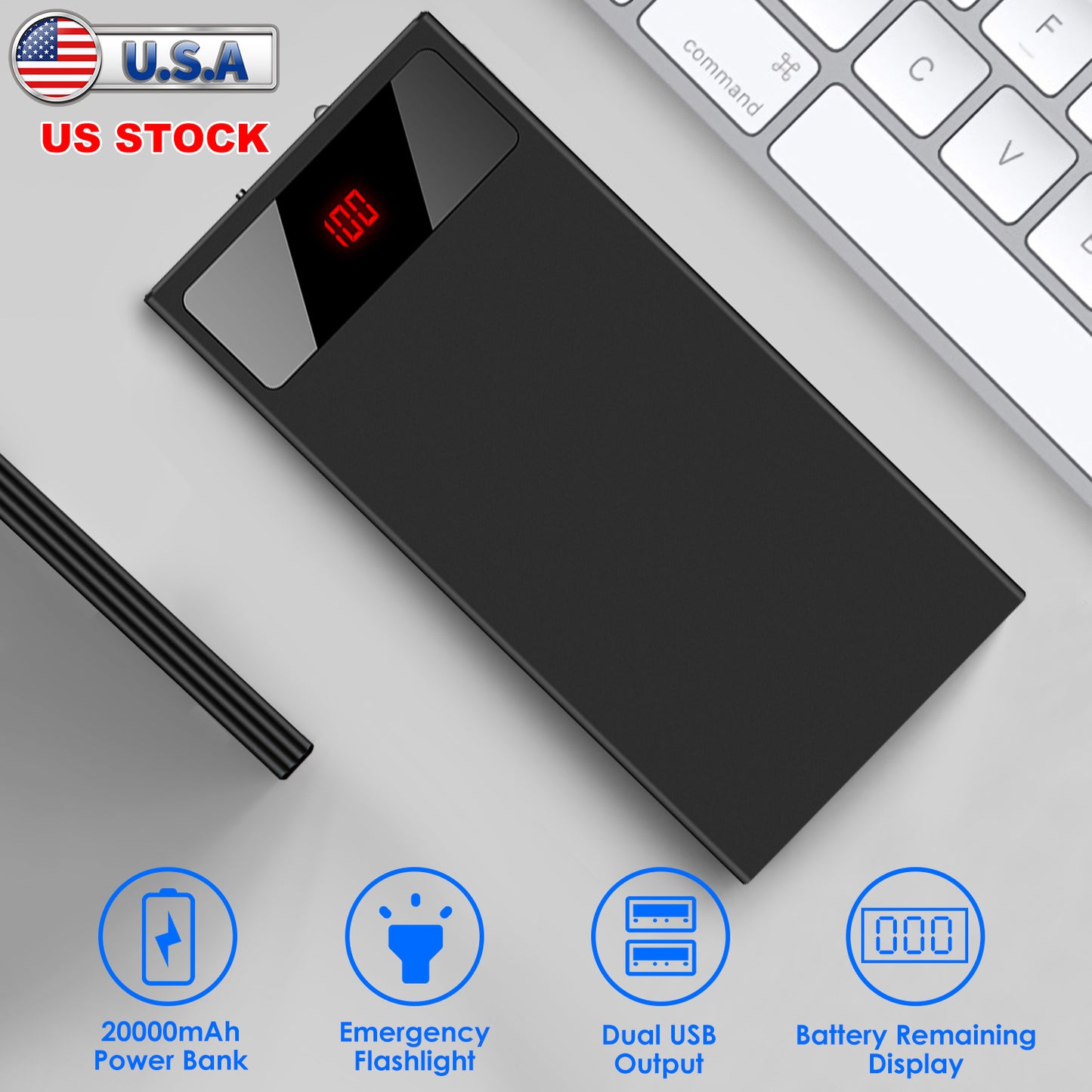 20000mAh Power Bank Ultra-thin External Battery Pack Phone Charger Dual USB Ports Flashlight Battery Remain Display