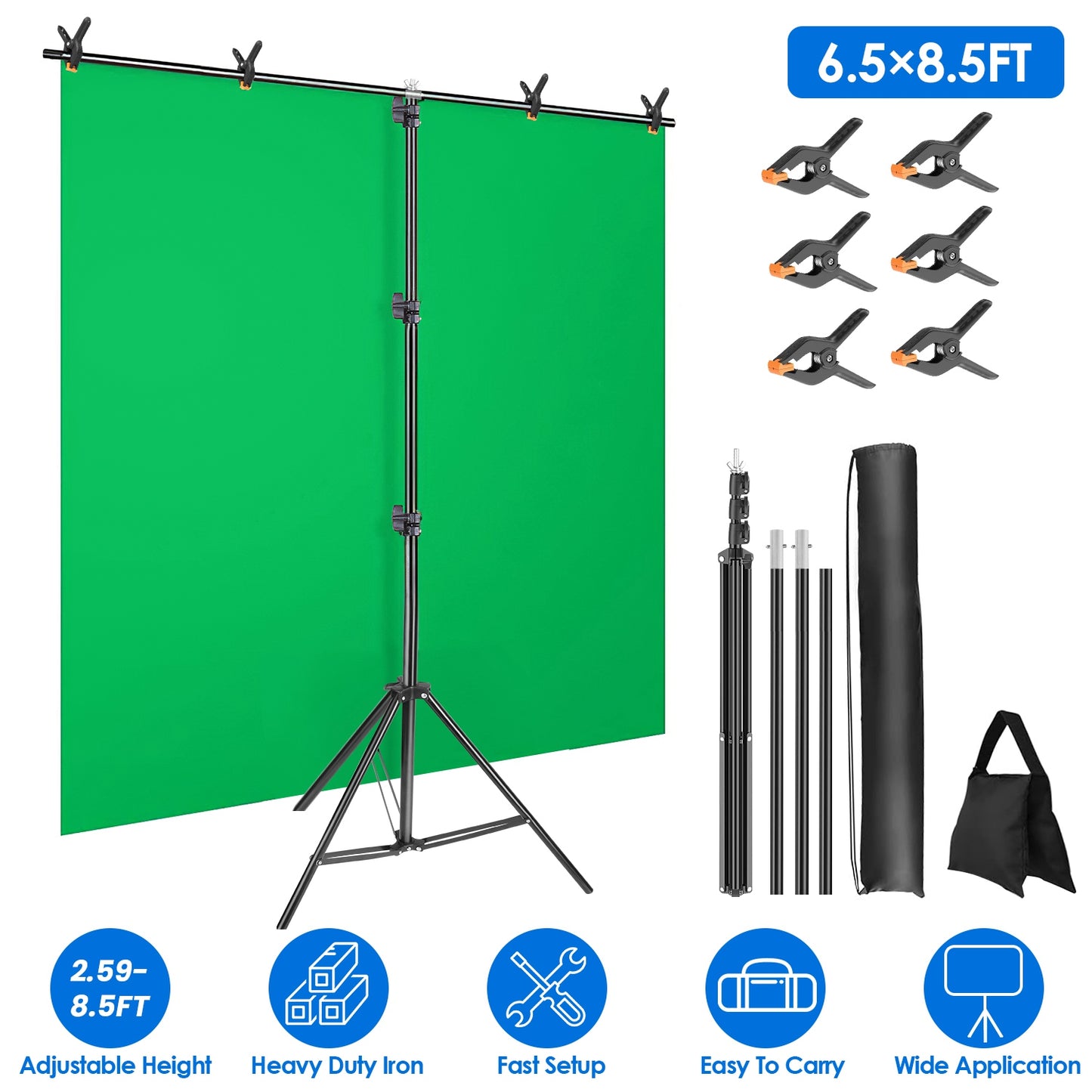 6.5 8.5FT T-Shape Photo Video Backdrop Stand Heavy Duty Background Stand Adjustable Photography Backdrop Stand with 6 Spring Clamps Sandbag Carry Bag