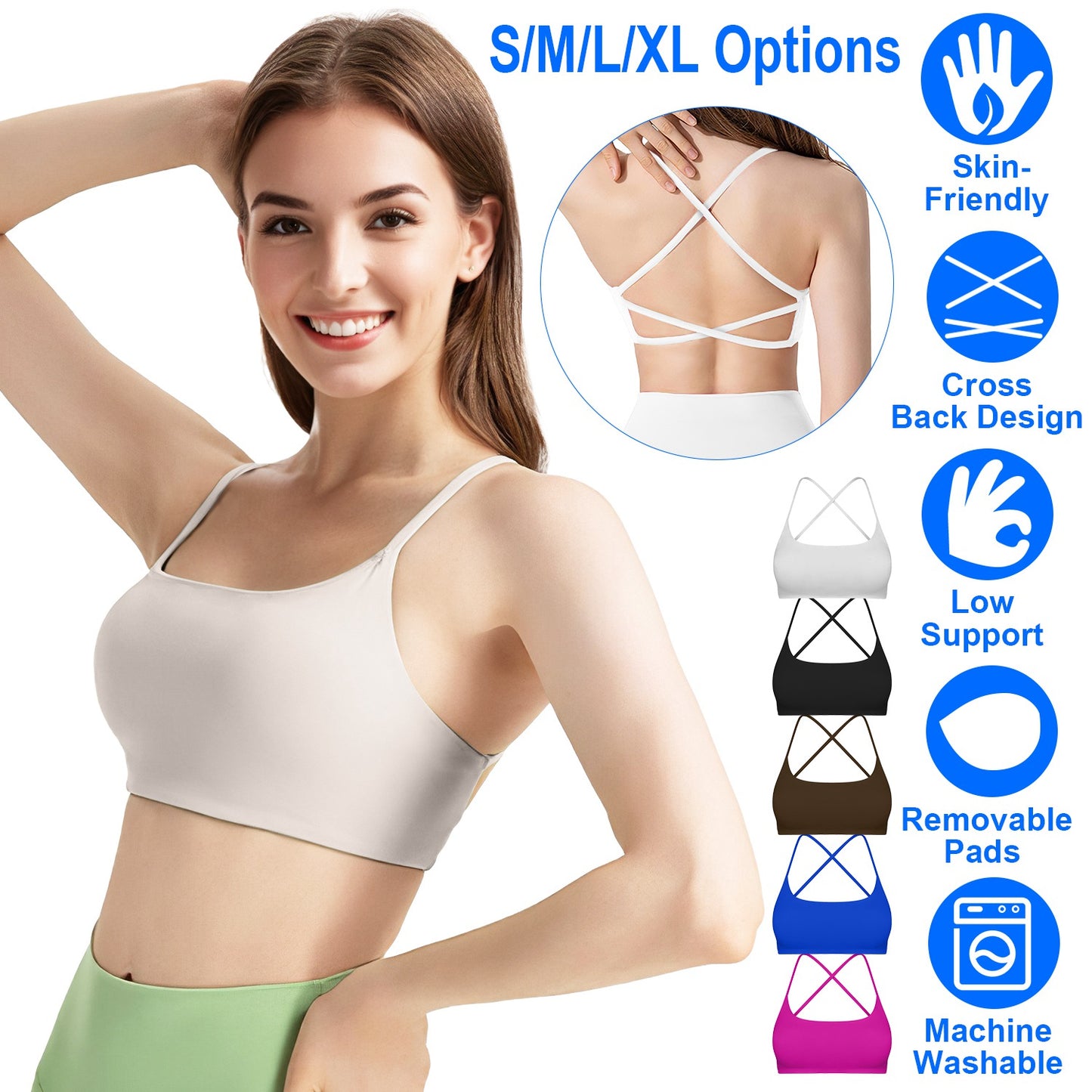 Women Cross Back Sport Bras Padded StrappyÊCrop Open Back Low Impact Bras SexyÊFitnessÊTank Tops with Removable Pads Thin Straps for Gym Yoga Workout