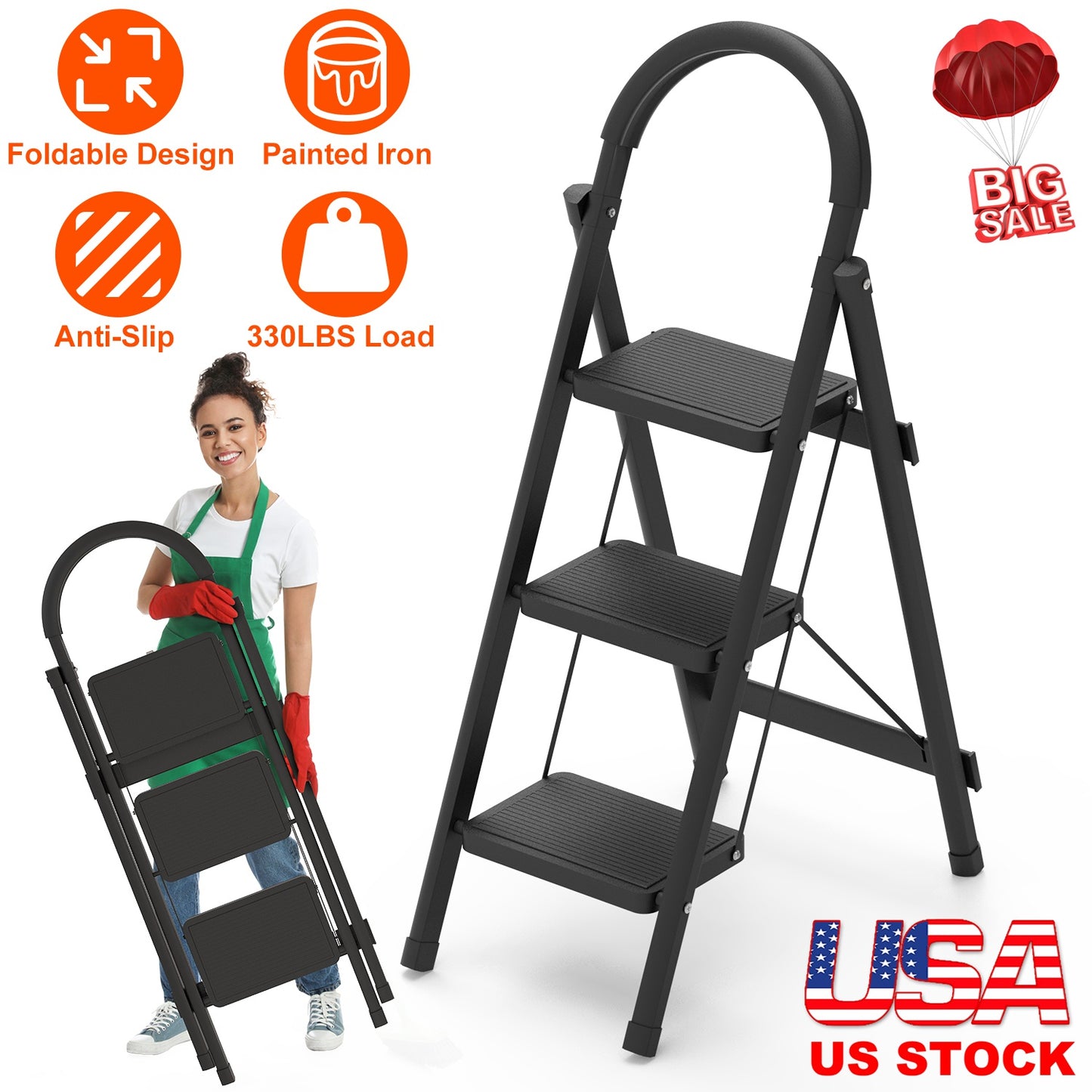 3-Step Foldable Ladder With Wide Anti-Slip Pedal Safety Locking Design Soft Handgrip Portable Lightweight Folding Step Stool 330LBS Load Capacity for