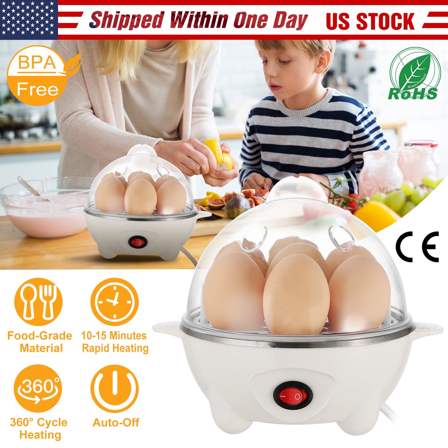 Electric Egg Cooker 7-Capacity BPA-Free Hard-Boiled Egg Maker w/ Auto-Off Measuring Cup for Hard Boiled Steamed Vegetables Seafood Dumplings
