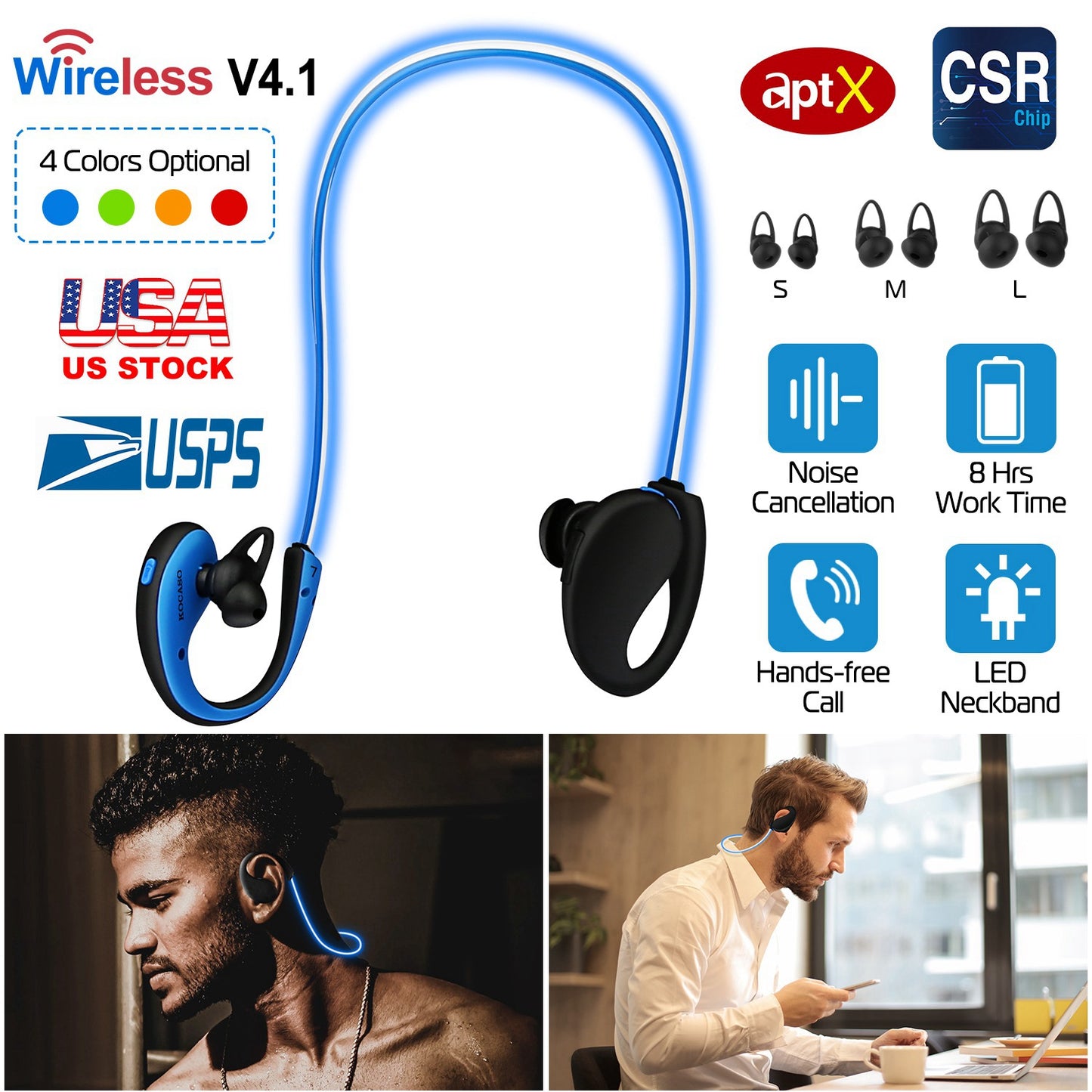 Wireless Sports Headsets Wireless V4.1 Neckband Earphones HD Stereo Sweat-proof Headphones Earbuds w/ LED Light Mic 8Hrs Work Running