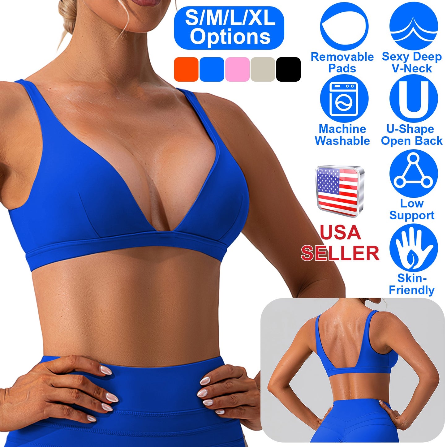 Women Deep V-Neck Sports Bras U-Shaped Back Sport Bras Padded StrappyÊCrop Open Back Low Impact Bras SexyÊFitnessÊTank Tops with Removable Pads for Gy