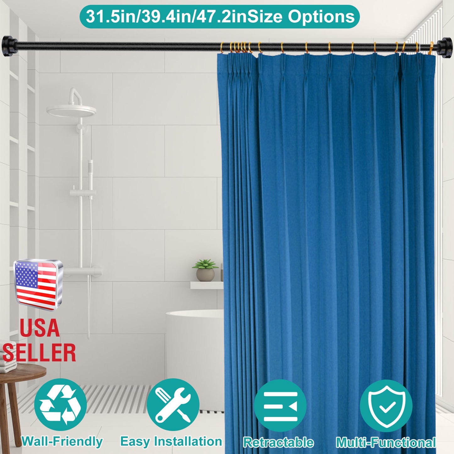 Shower Curtain Rod Adjustable Tension Curtain Rod Stainless Steel Spring Curtain Pole Heavy-Duty Steel for Bathroom Wardrobe Kitchen Balcony 31.5in/39