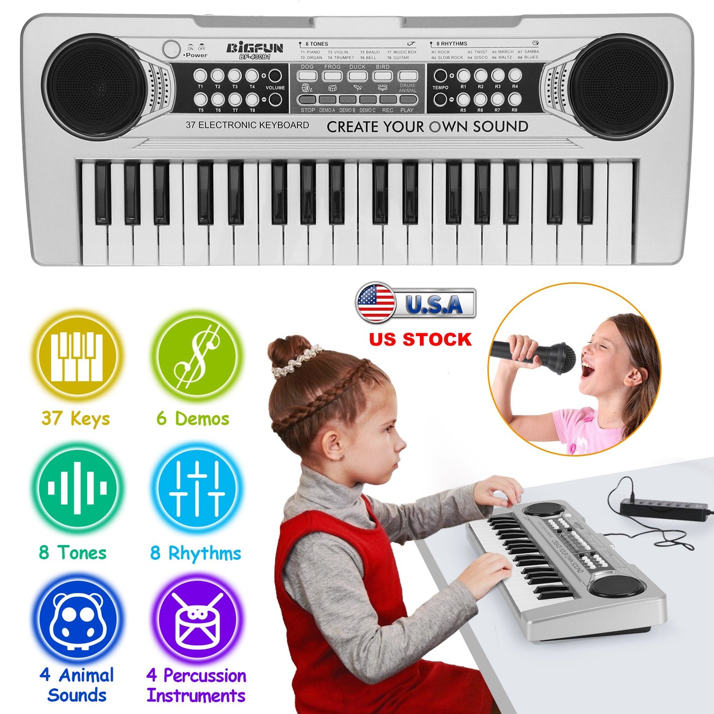 37 Keys Digital Music Electronic Keyboard Electric Piano Musical Instrument Kids Learning Keyboard with Microphone for 3-10 Year Old Kids Girls Boys