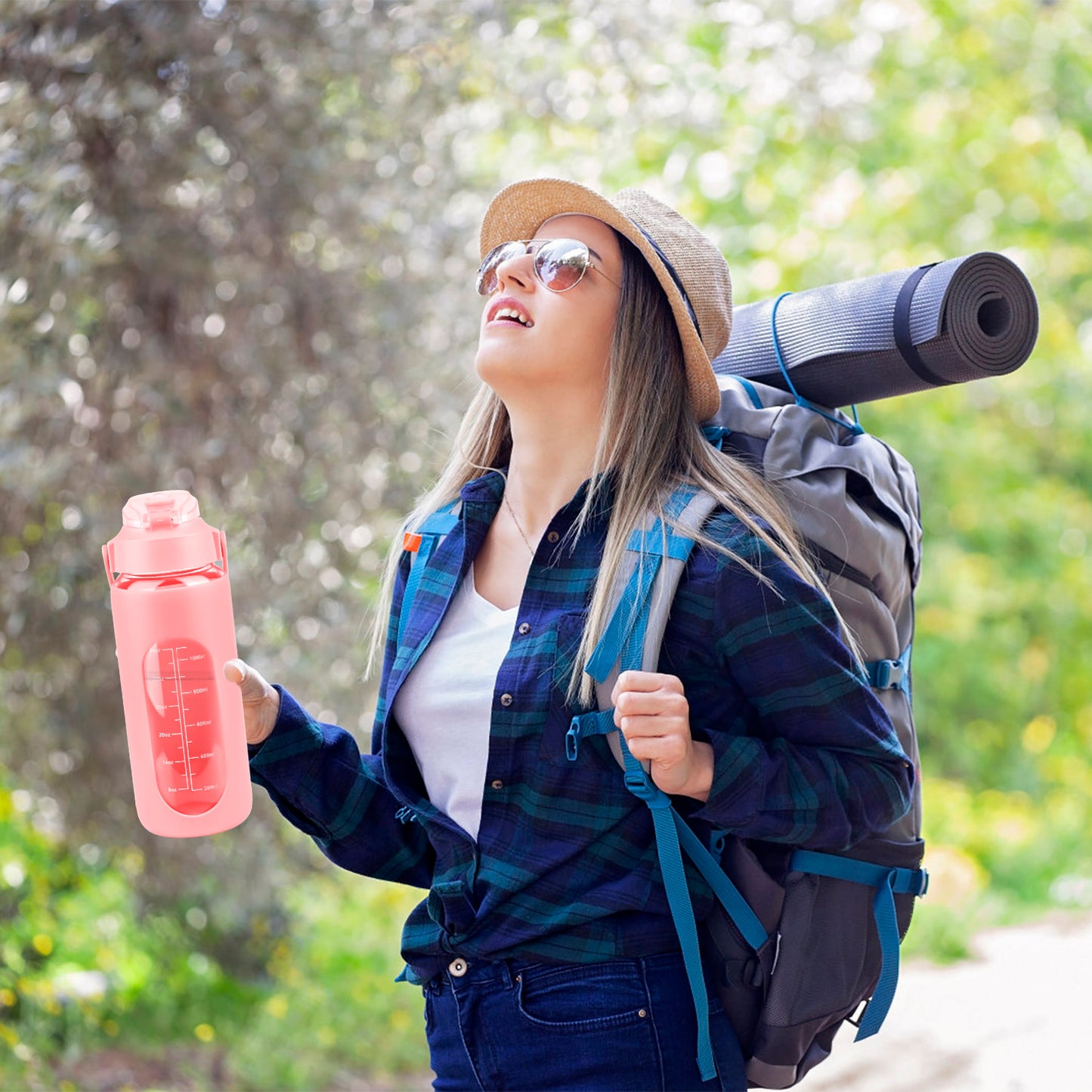 64Oz Glass Water Bottle Sports Water Bottle Motivational Water Bottle Water Intake Tracker Bottle with Straw Time Marker Silicone Sleeve Handle for Gy