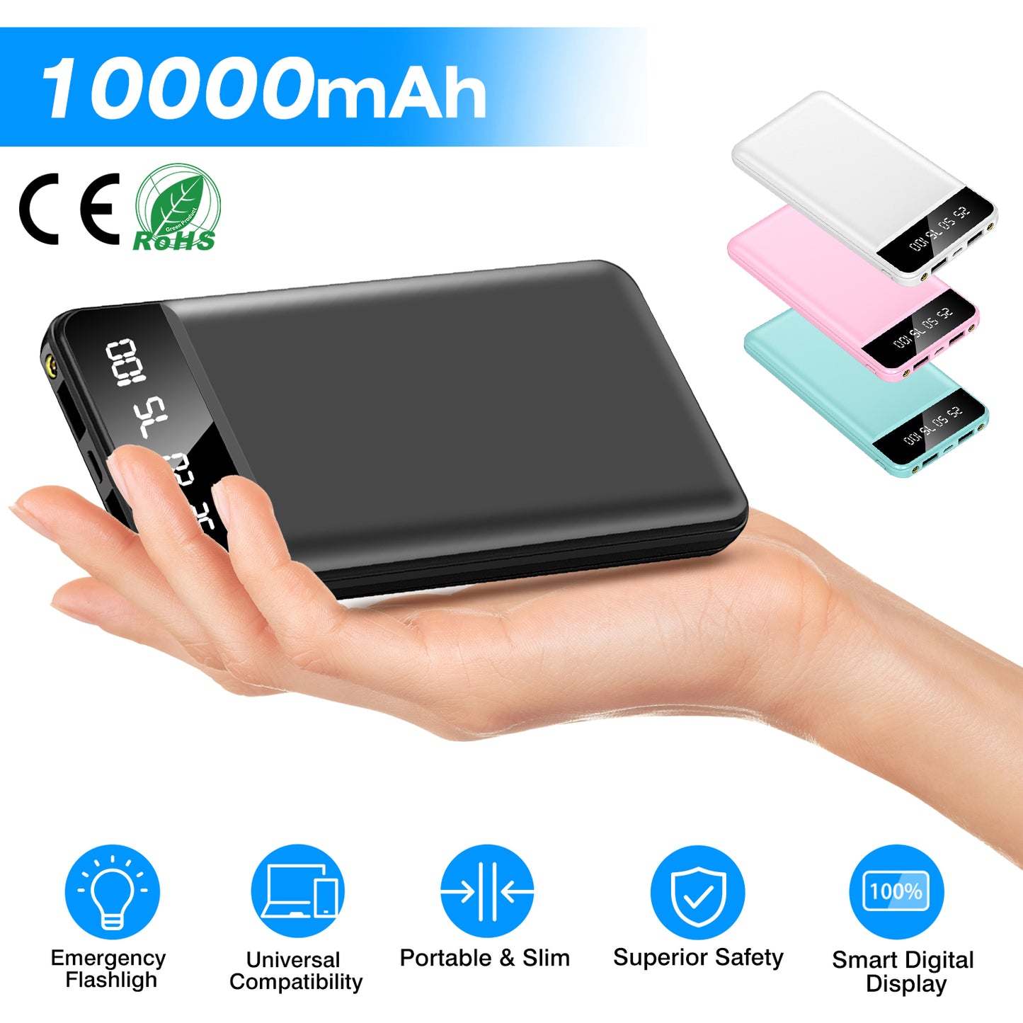 10000mAh Power Bank Portable Ultra Slim Charger External Battery Pack with 2 USB Output Ports Charging Cable LED Flashlight Compatible with IOSPhone 1