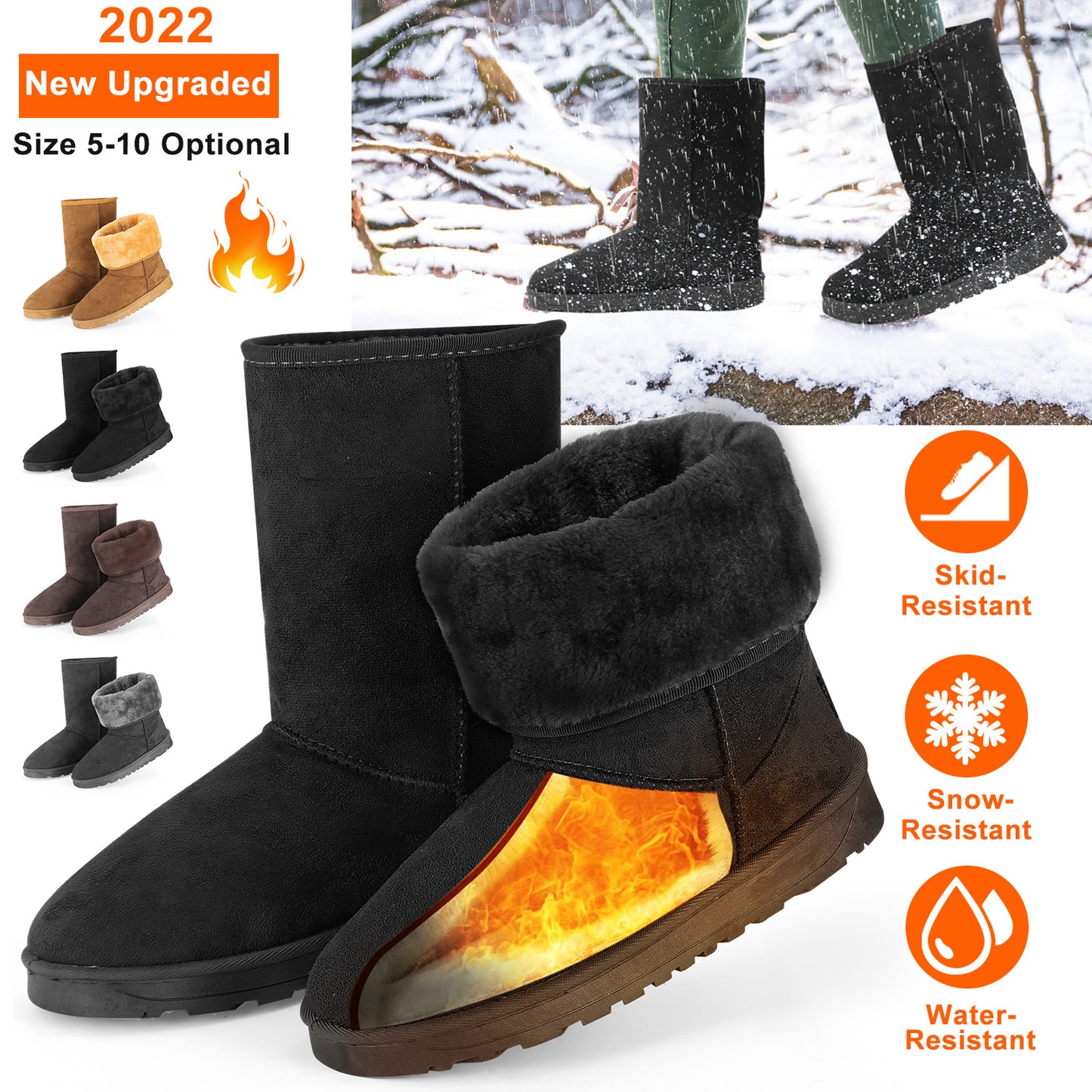 Women Ladies Snow Boots Waterproof Faux Suede Mid-Calf Boots Fur Warm Lining Shoes