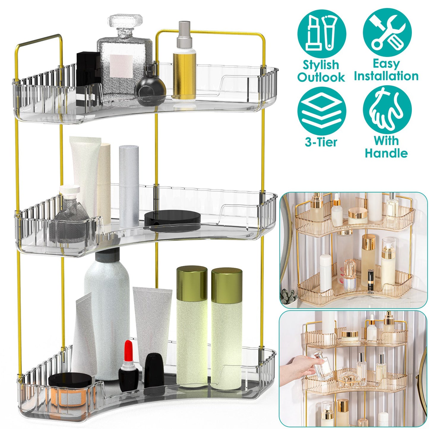 Bathroom Countertop Organizer 3 Tier Corner Makeup Storage Shelf Vanity Cosmetic Perfume Tray Clear Corner Rack for Bedroom Bathroom Kitchen
