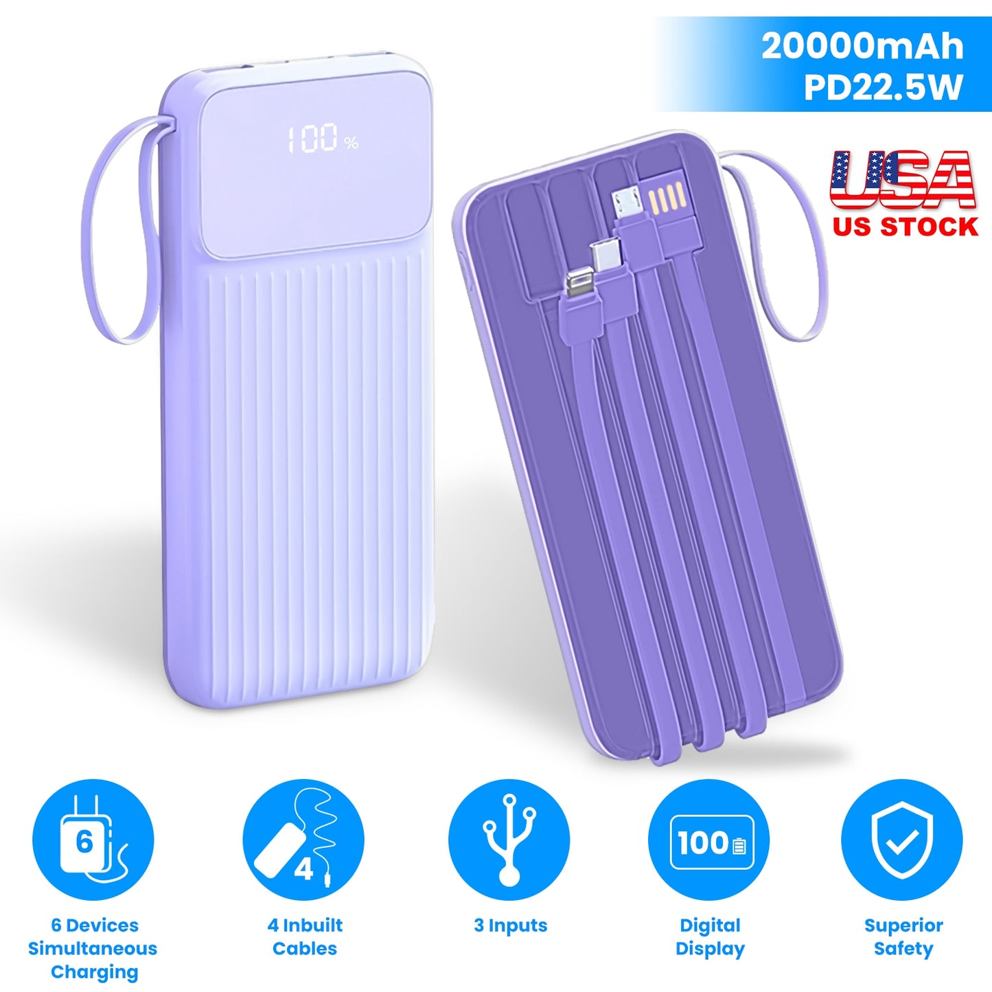 PD22.5W Fast Charger 20000mAh Fast Charging Power Bank Portable Charger with 4 Inbuilt Cables Digital Display Handle Fit For IOSPhone 15/14 Android An