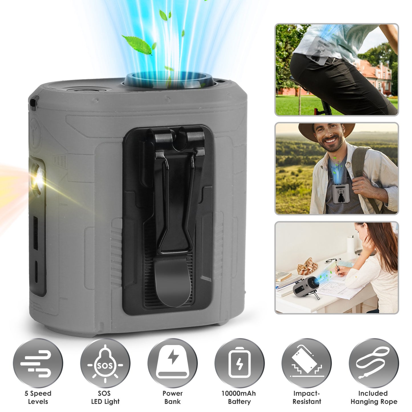 5 In 1 Portable Waist Clip Fan With 5 Speeds Flashlight 10000mAh Battery Operated Personal Wearable Turbo Belt Fan Hands-Free Neck Fan For Camping Tra