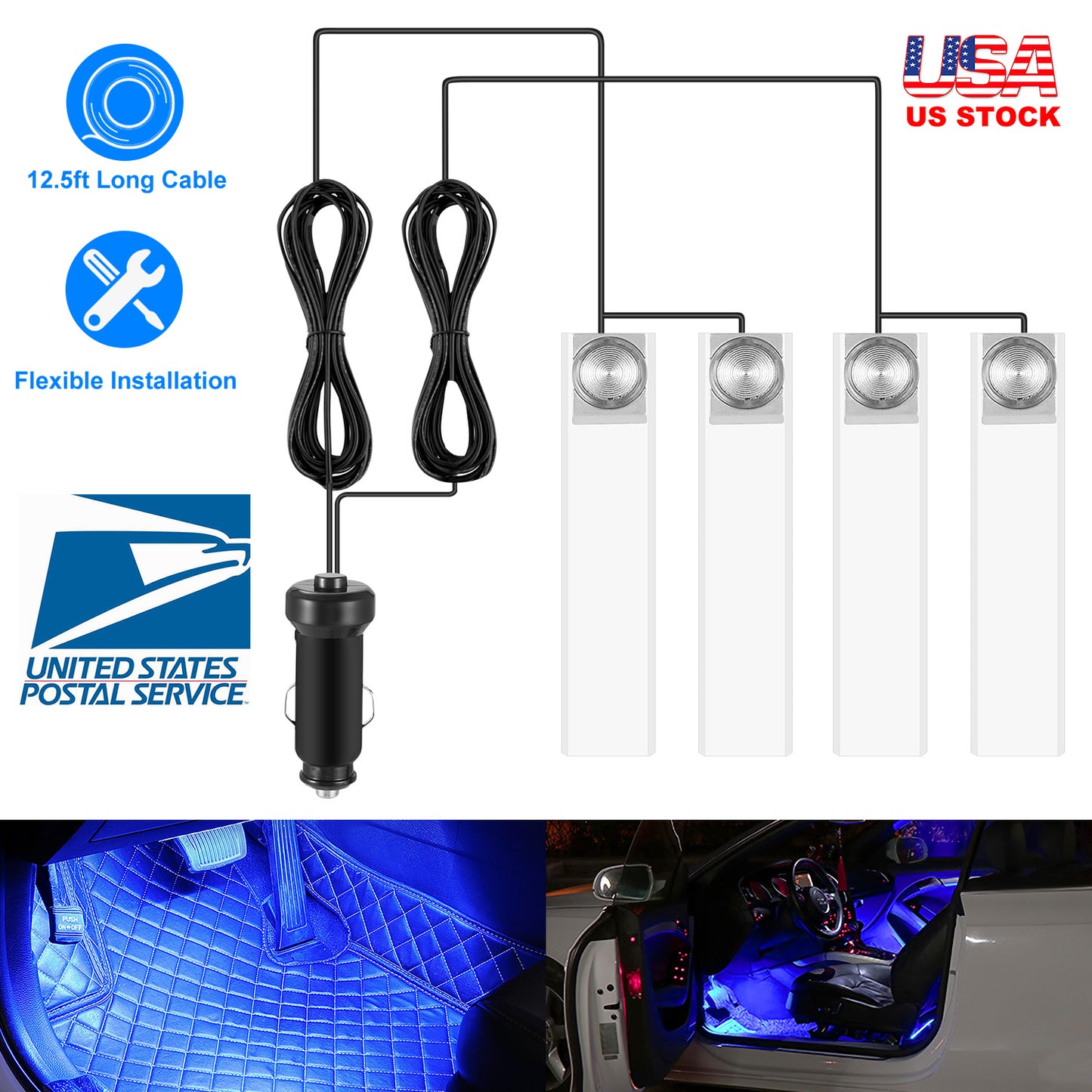 4Pcs Car Interior LED Atmosphere Light Car Charge Decorative Lamp DC 12V Blue Light