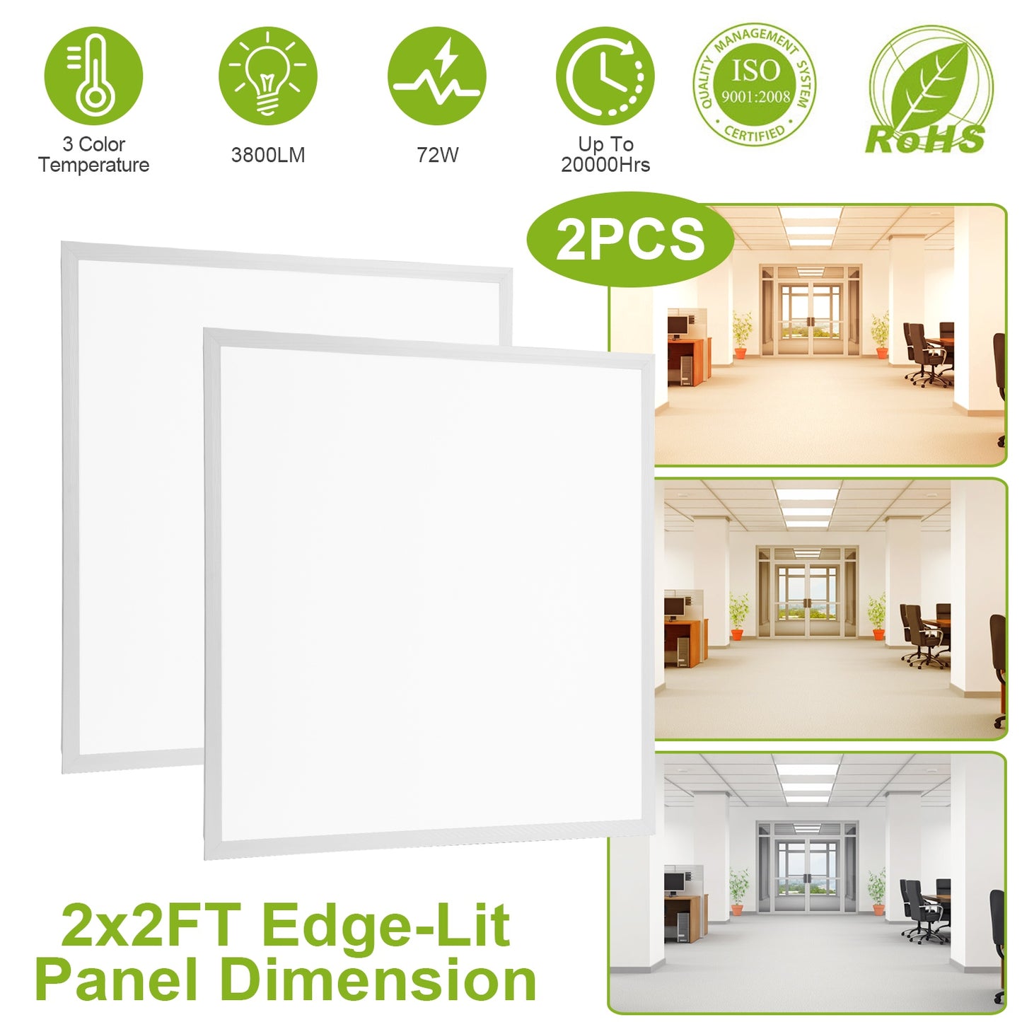 2Pcs 72W 2 2FT LED Panel Light 3800LM Flat Ceiling Light with 3 Lighting Color Temperature Equivalent LED Troffer Recessed Edge-Lit Switchable CCT 110