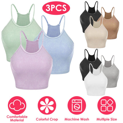 3 Pack Women Crop Basic Tank Top Ribbed Knit Sleeveless Round Neck 9 Color Machine Wash Summer Crop S to XL