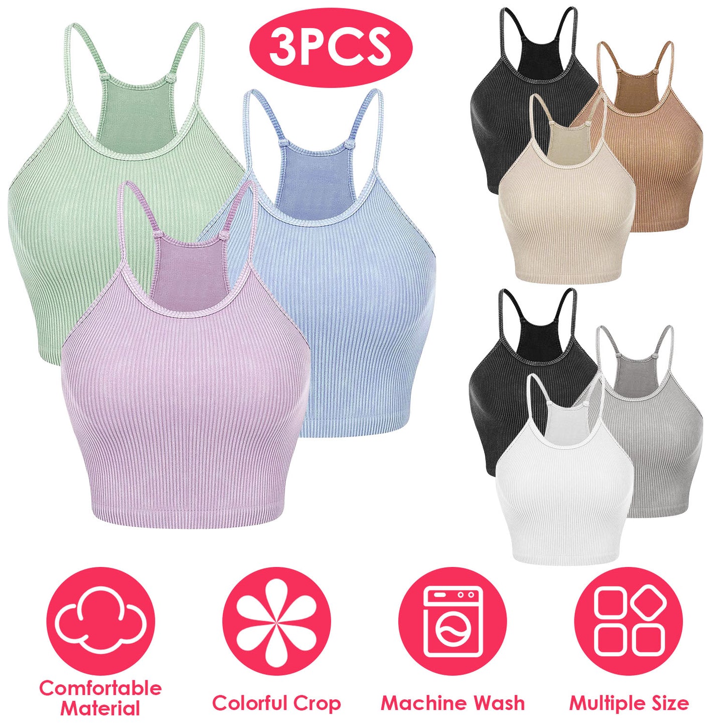 3 Pack Women Crop Basic Tank Top Ribbed Knit Sleeveless Round Neck 9 Color Machine Wash Summer Crop S to XL