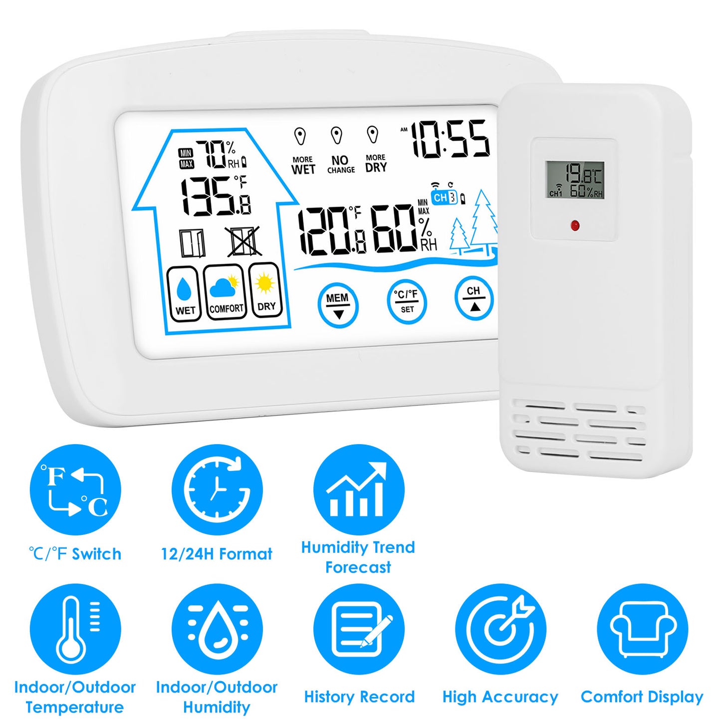 Wireless Weather Station With Clock 196FT Range Indoor Outdoor Thermometer Sensor Temperature and Humidity Monitor Humidity Forecast Battery Powered B