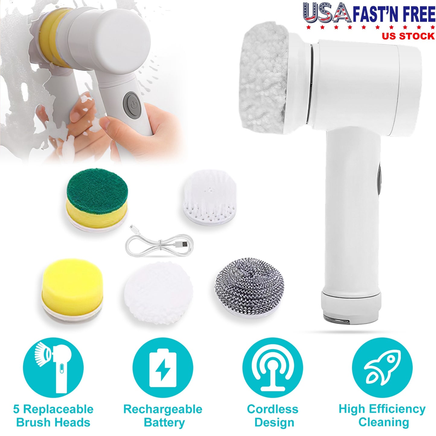 Cordless Cleaning Brush Handheld Electric Spin Scrubber with 5 Replaceable Brush Heads Rechargeable Shower Scrubber for Kitchen Dish Bathtub Sink Tile