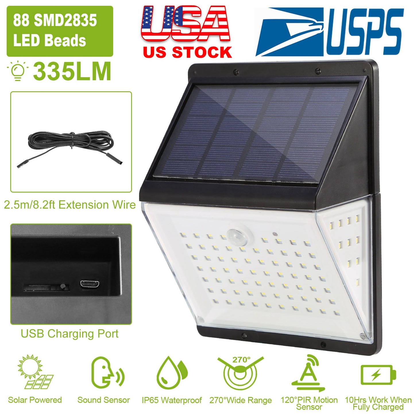 Solar Lights 88 LEDs Wall Lamps Outdoor 120¡ Motion Sensor Sound Control Lightings 270¡Illumination IP65 Waterproof w/ 2.5m Extend Wire for Garage Gar