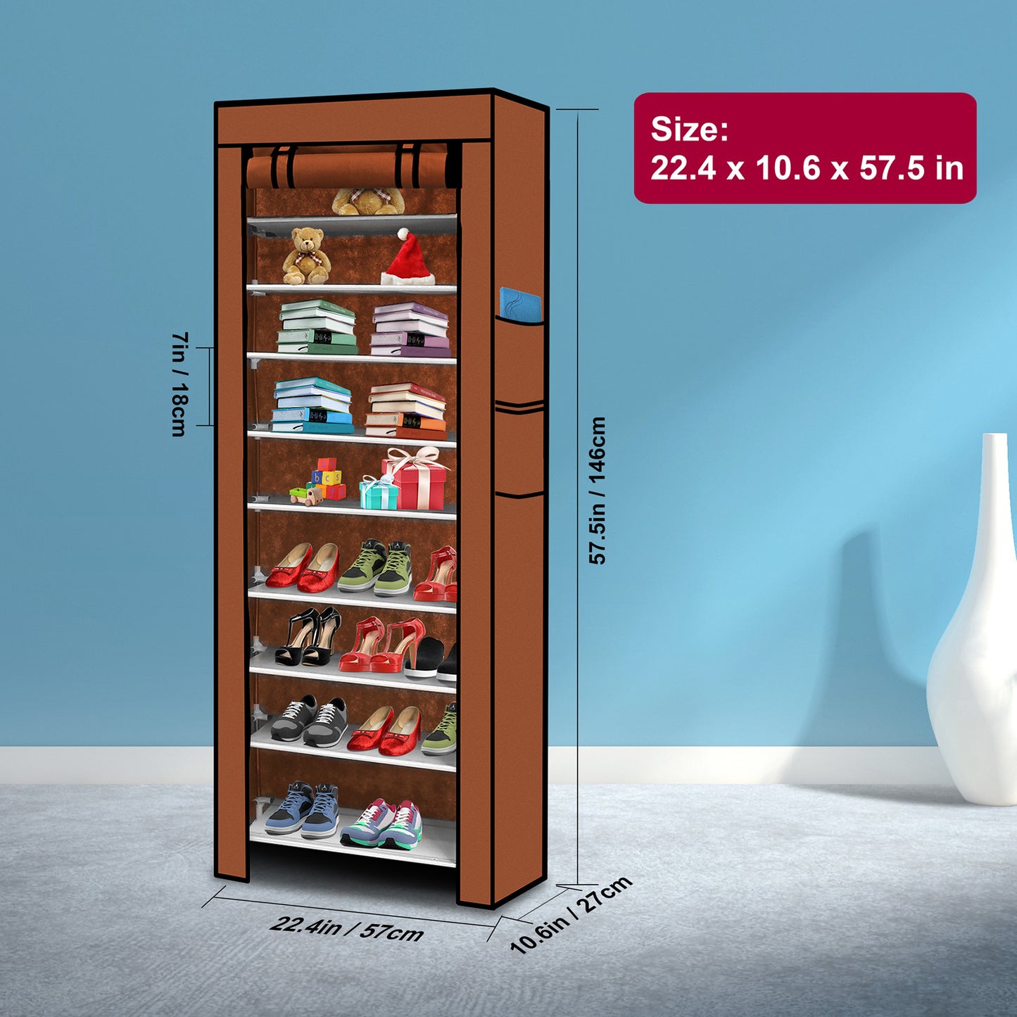 iMounTEK 10 Tiers DIY Shoe Cabinet Dustproof Easy Assemble Tidy Shoe Rack Non-Woven Fabric Holding 27 Pair Shoes Brown