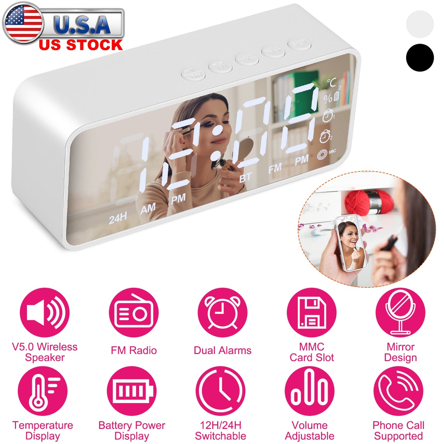 Mirror Digital Alarm Clock LED V5.0 Wireless Speaker Clock with FM Radio Temperature Display MMC Card Slot
