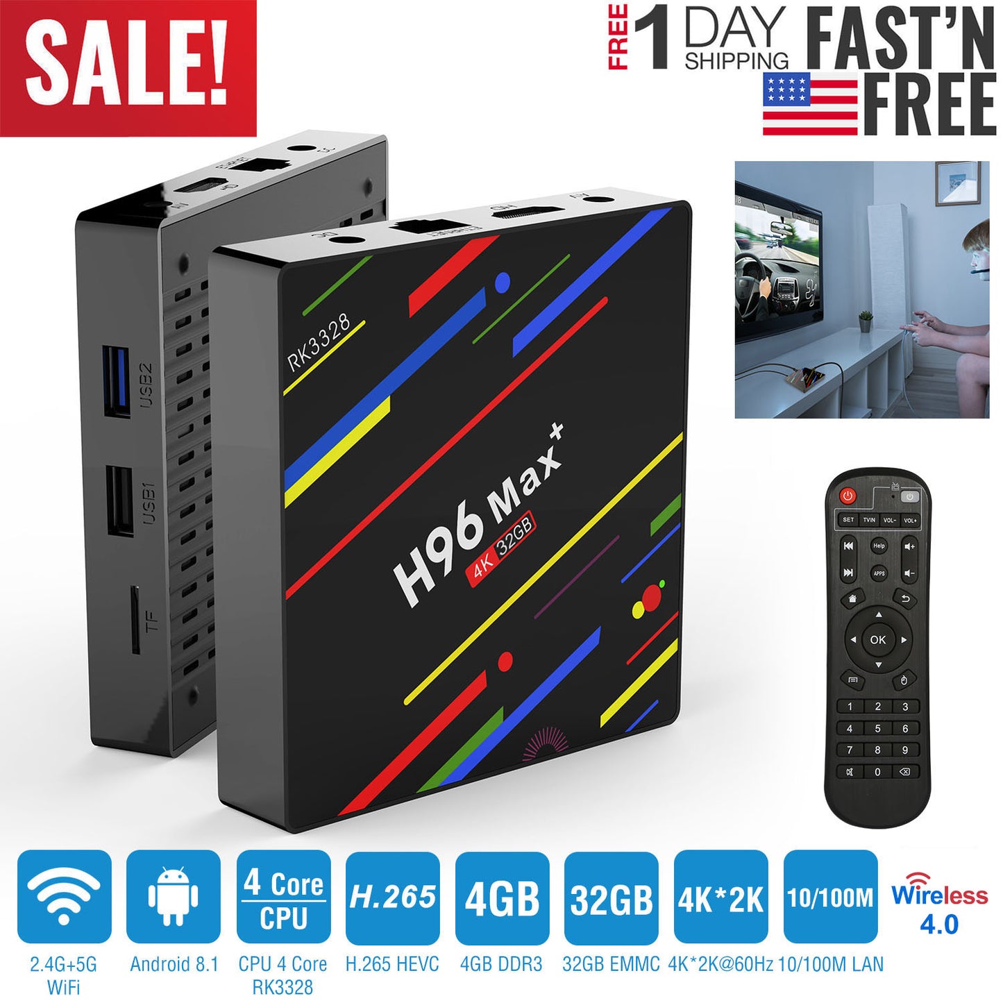 H96 Max+ Android 8.1 TV Box RK3328 Quad Core 4GB / 32GB UHD 4K VP9 H.265 WiFiUSB3.0 Smart Streaming Media Player US Plug