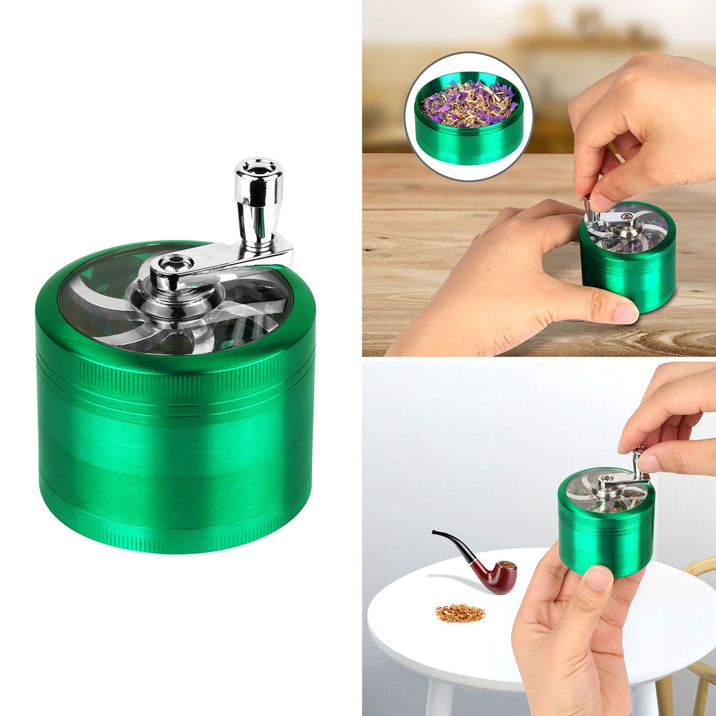 Herb Spice Tobacco Grinder 2.5-inch 4-Piece Zinc Alloy Hand Crank Crusher Kitchen Mill with Pollen Scraper