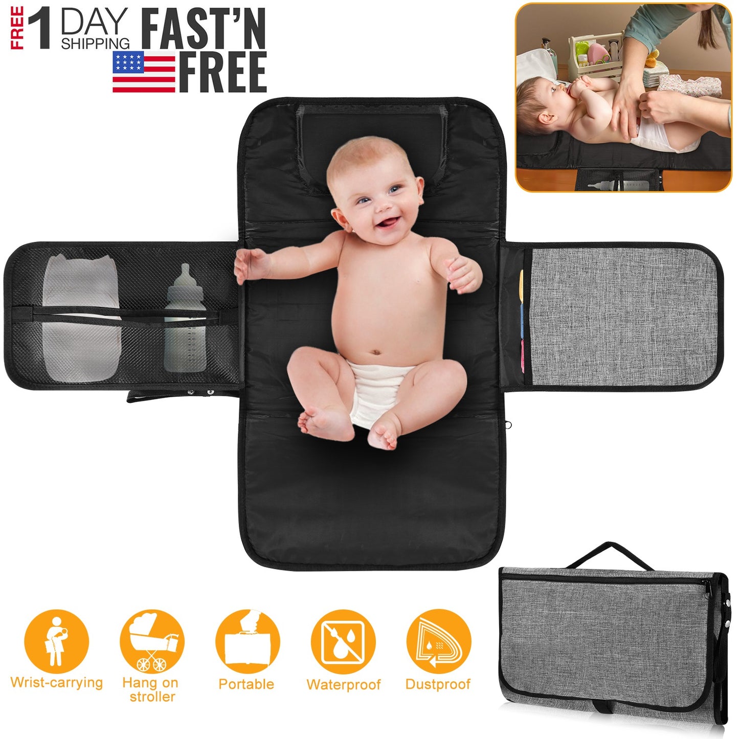 Portable Changing Pad Foldable Diaper Changing Pad Kit Waterproof Wipeable Changing Mat Stain Resistant Travel Changing Mat Bag