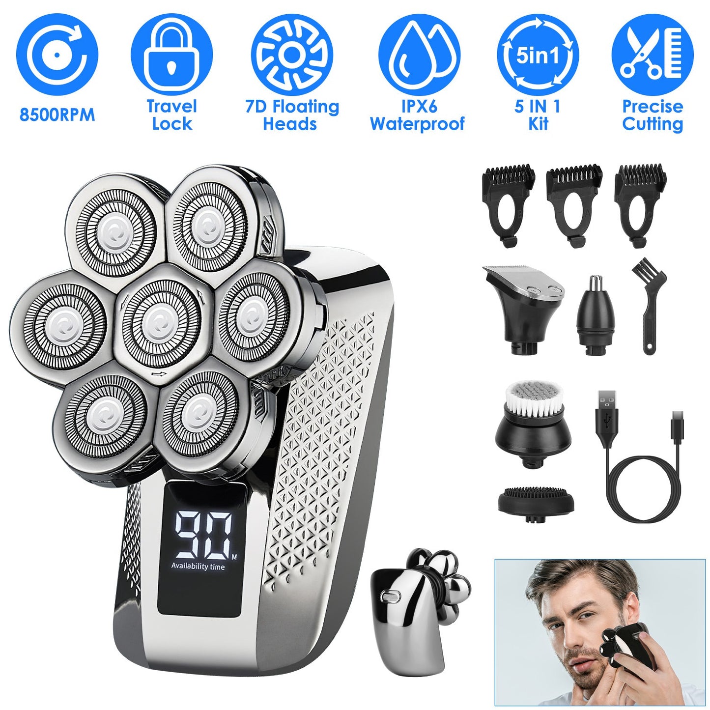 Head Shavers for Bald Men 5 In 1 7D Electric Rotary Razor Rechargeable Cordless Head Beard Trimmer Shaver Kit IPX6 Waterproof Dry Wet Grooming Kit wit
