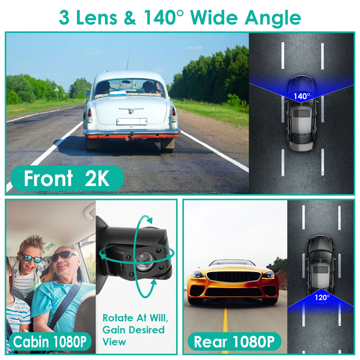 2K Car DVR 3 Channel Dash Cam Camcorder Camera Recorder with 140¡ Angle GPS WiFi Night Vision G-sensor Loop Recording Parking Monitor