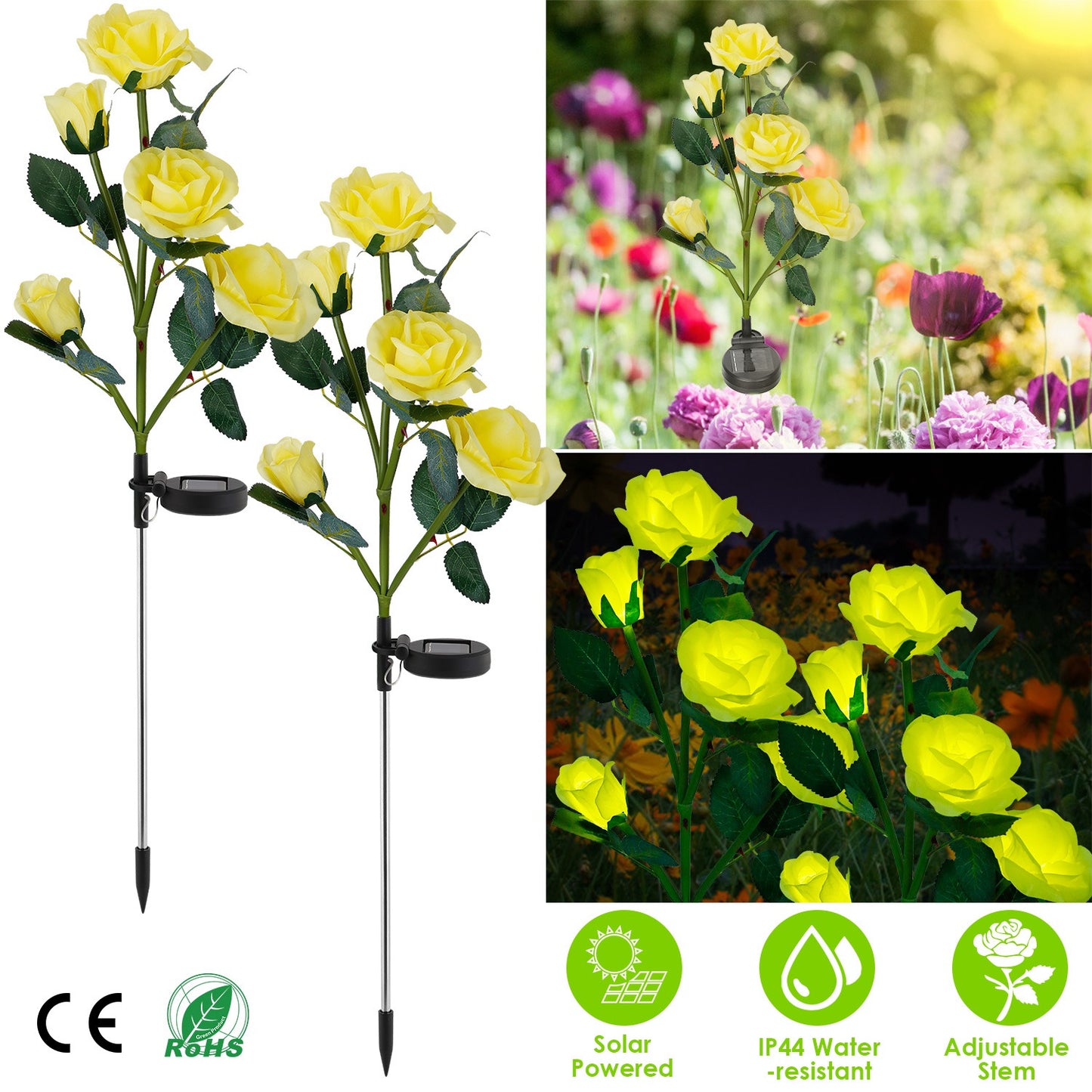 2Pcs Solar Powered Lights Outdoor Rose Flower LED Decorative Lamp Water Resistant Pathway Stake Lights For Garden Patio Yard Walkway