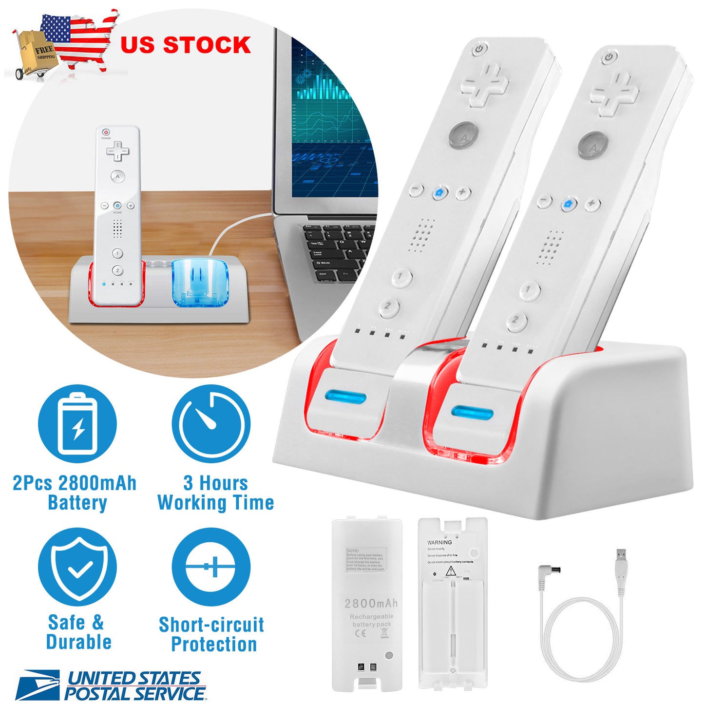 For Wii Remote Controller Charger Dual Charge Dock with Two 2800mAh Rechargeable Batteries
