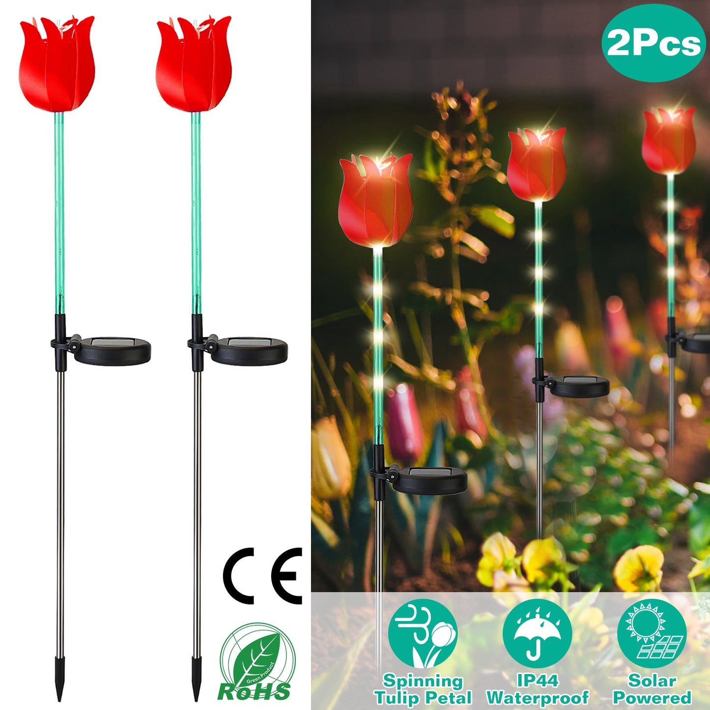 2Pcs Solar Powered Tulip Garden Light Wind Mill Waterproof Landscape Stake Lamp Decorative Lawn Lights For Yard Driveway Walkway Patio