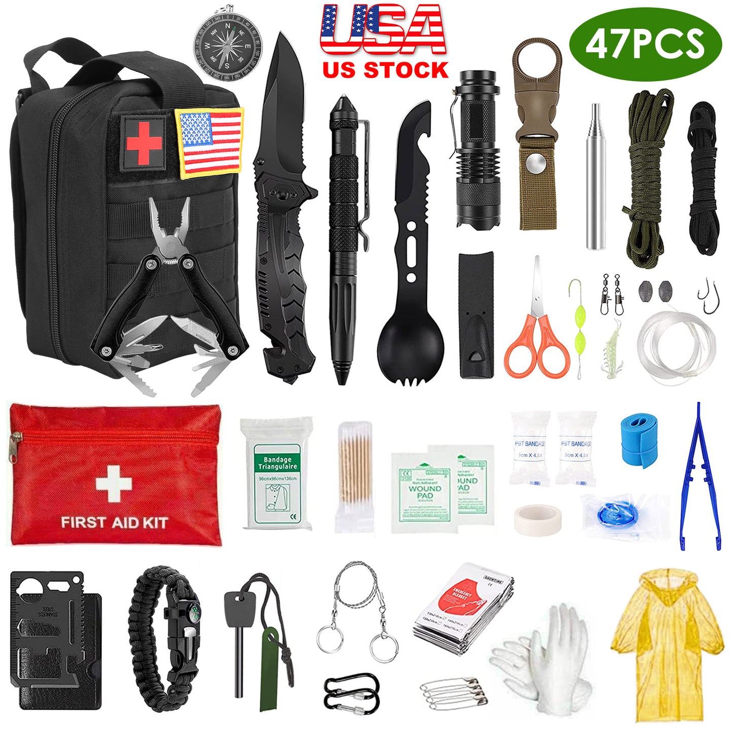 47Pcs Emergency Survival Kit Survival EDC Gear Equipment Tool First Aid Supplies Kit Tools with Pouch for Hiking Hunting Disaster Camping Adventure