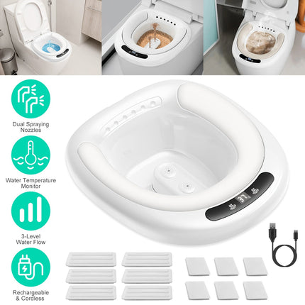 Electric Sitz Bath Tub Sits Bath Soak Pan Salts Bowl Postpartum Care Basin for Toilet Seat with Dual Nozzles 3-Level Water Flow Water Temperature Disp