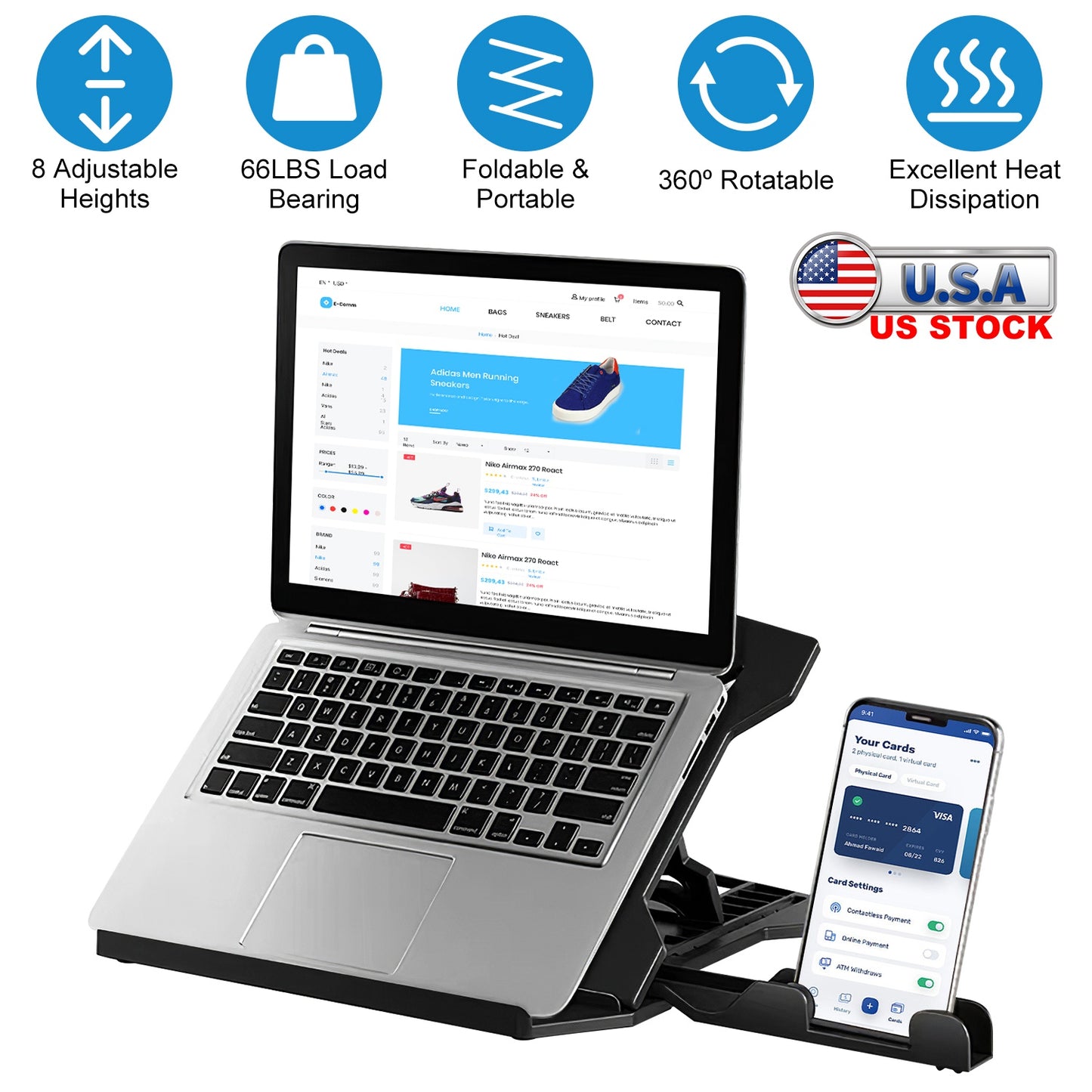 360¼ Rotating Laptop Riser Stand Foldable Desk Laptop Riser Tablet PC Holder with Phone Stand 8 Level Adjustable Height Inbuilt Handle for Home Office