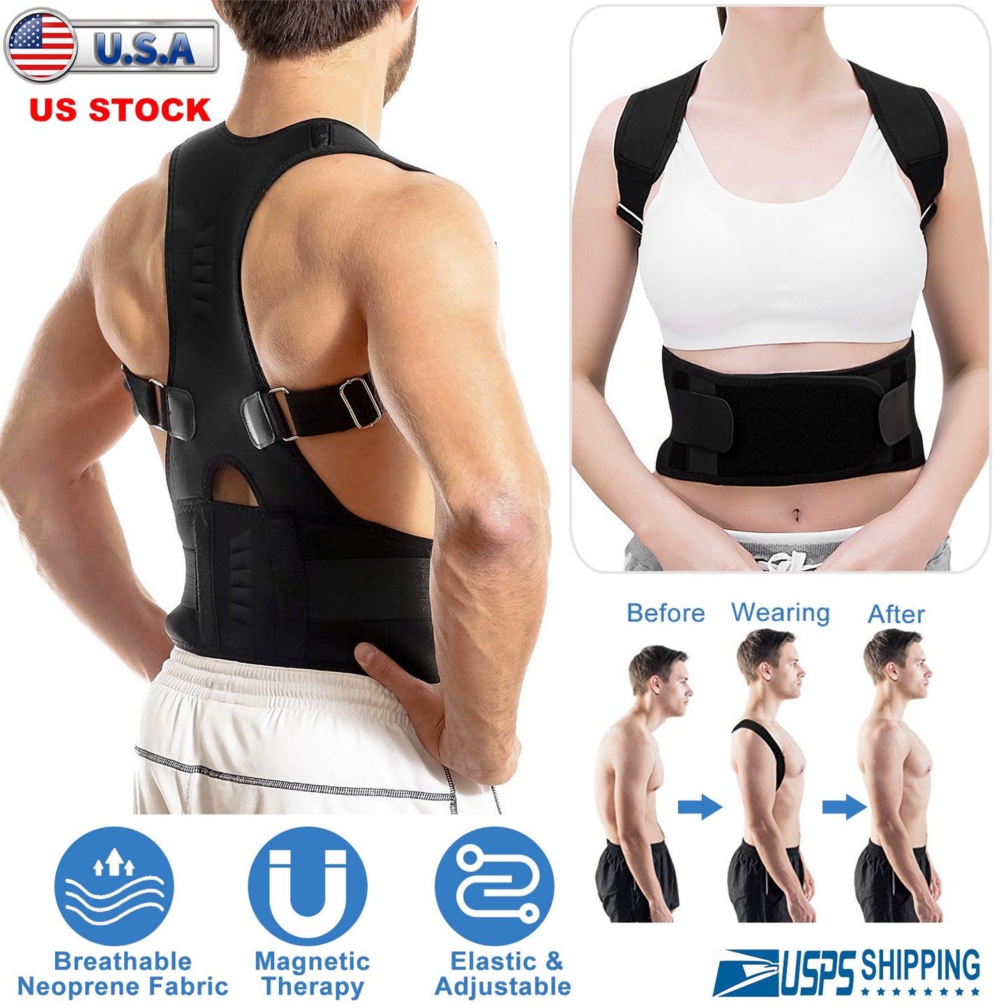 Unisex Posture Corrector Support Magnetic Lumbar Back Posture Support Belt Adjustable Upper Back Braces Clavicle Shoulder Brace Belt Pain Relief Thera