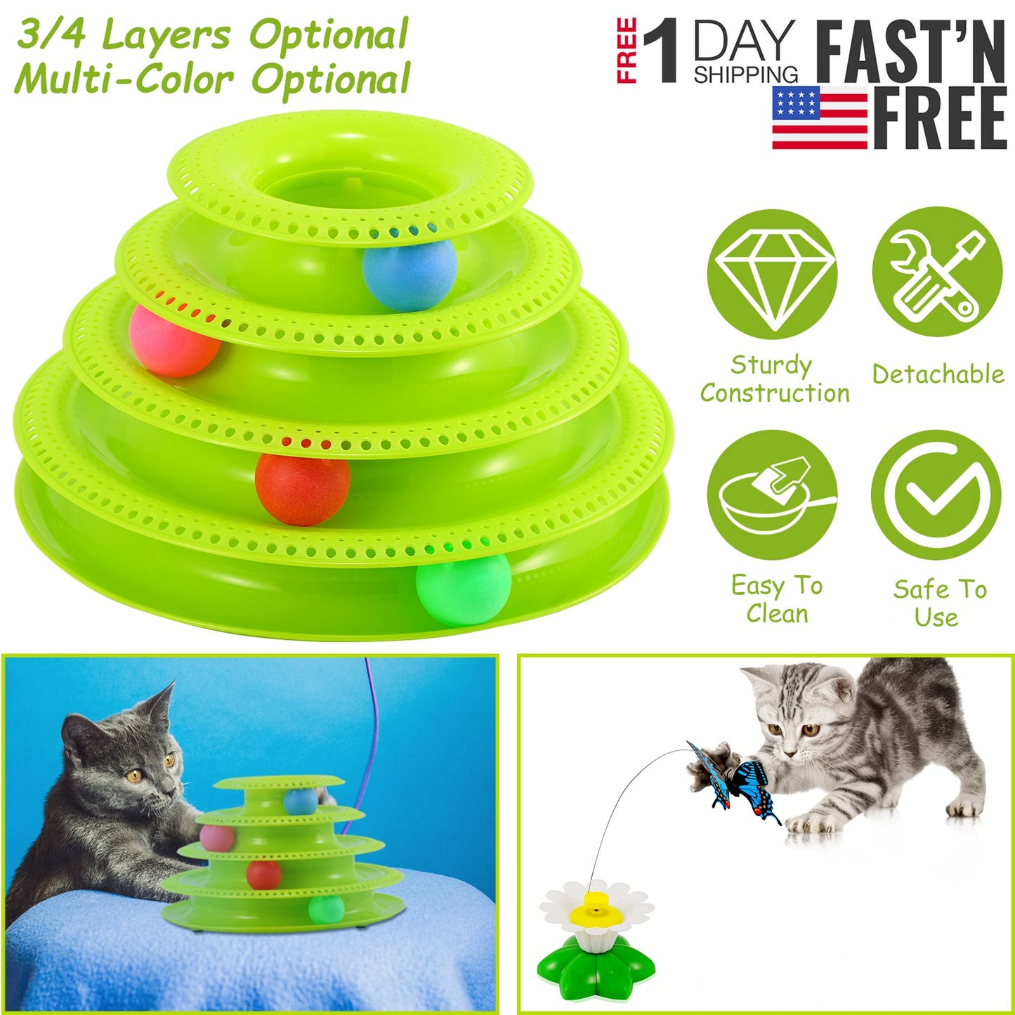 Cat Track Tower Toys 4-Layer Ball Track Interactive Cat Toys Electric Rotate Butterfly Birds