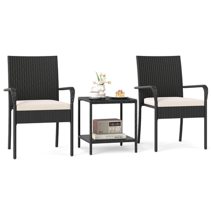 3 Piece Patio Furniture Set with Seat Cushions and Tempered Glass Tabletop