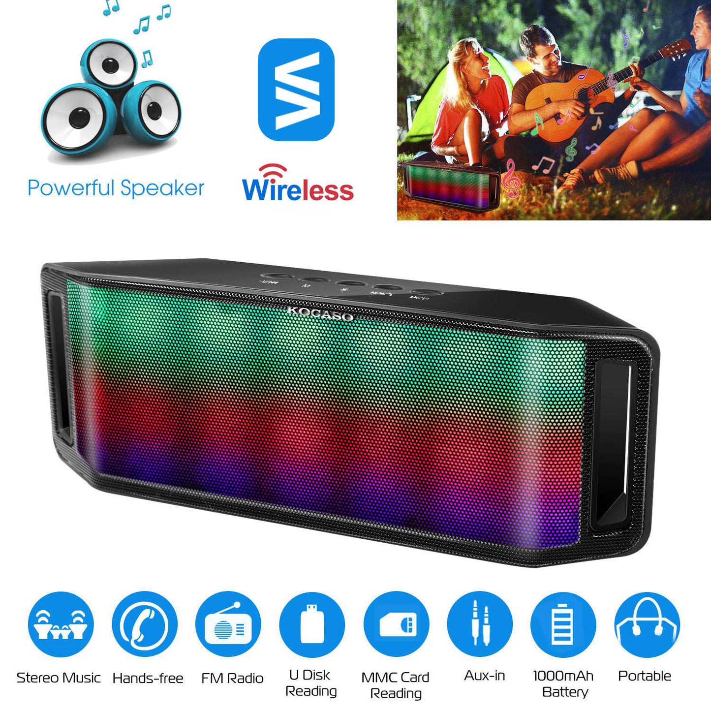 KOCASO LED Wireless Speaker Dynamic Multicolor Hands-free FM Radio USB MMC Reading Aux In for Party Camping Travel