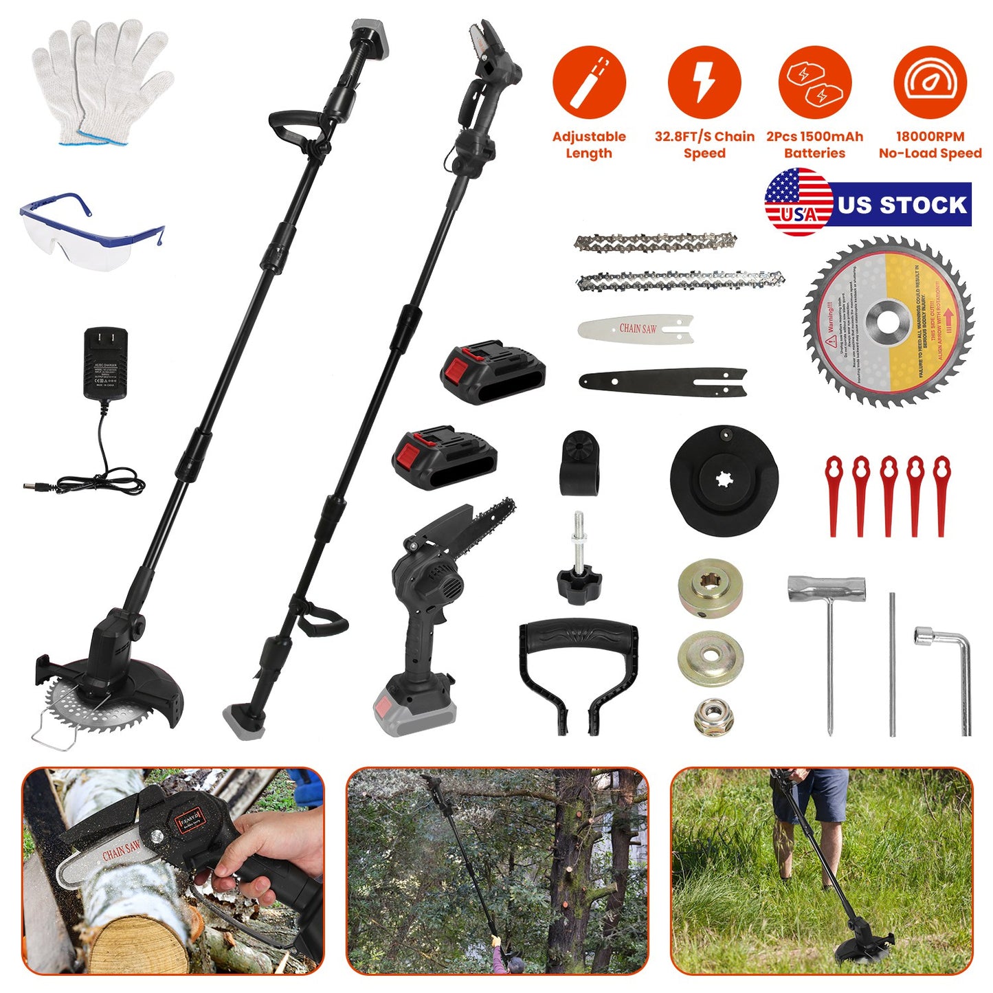3-in-1 Cordless Electric Pole Saw & Mini Chainsaw & Grass Trimmer Kit with Adjustable Length 2Pcs 21V 1500mAh Batteries 4in/6in Chains Saw Blade 5Pcs