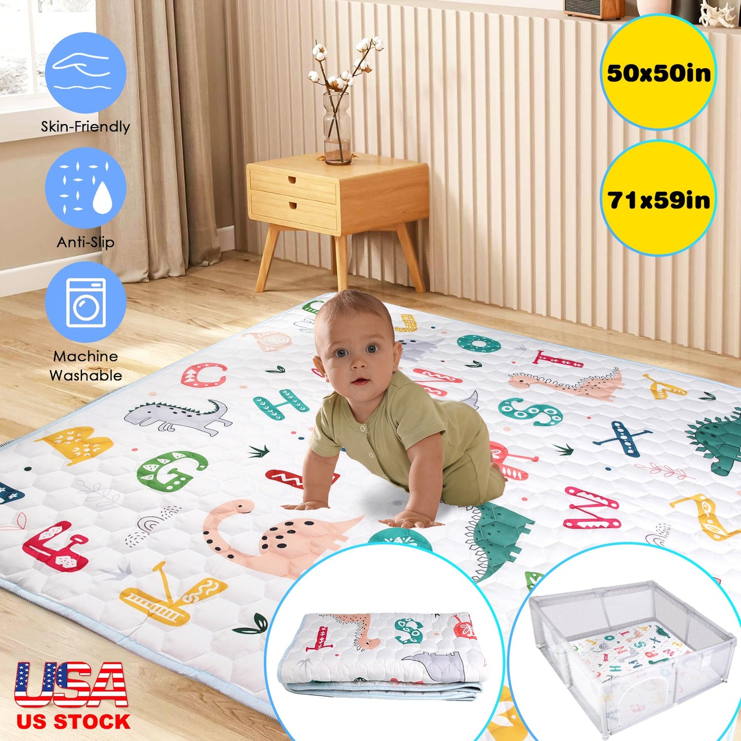 50x50IN Baby Play Mat Non-Slip Baby Crawling Mat Foldable Playpen Mat Machine Washable for Newborns Infants Babies Toddlers