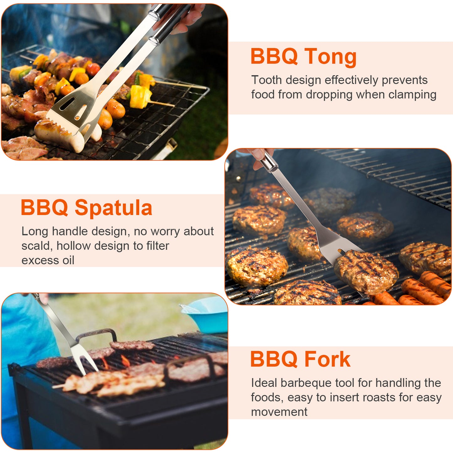 Stainless Steel BBQ Grill Tool Kit Grilling Utensil Accessories w/ Spatula Tongs Fork KnifeBrush Pepper Salt Shaker Bottle Grilled Skewers Corn Need
